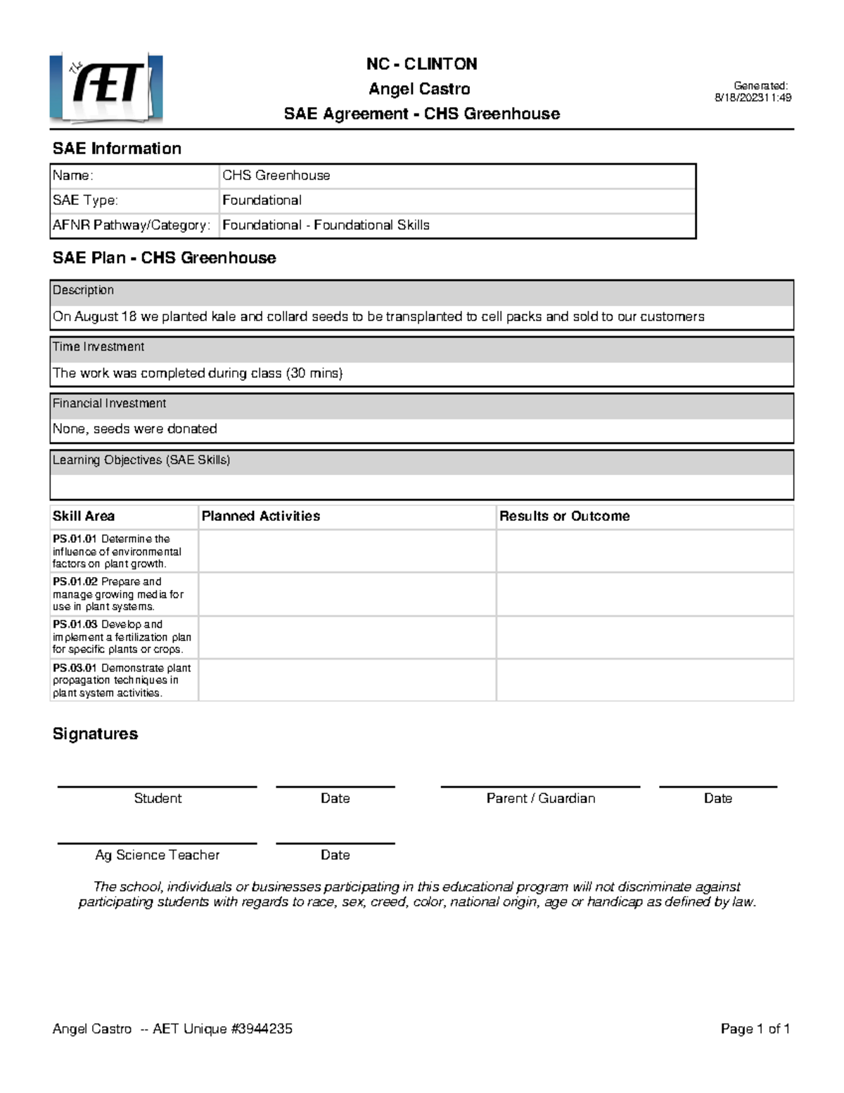 SAE Agreement - mmk - NC - CLINTON Angel Castro SAE Agreement - CHS ...