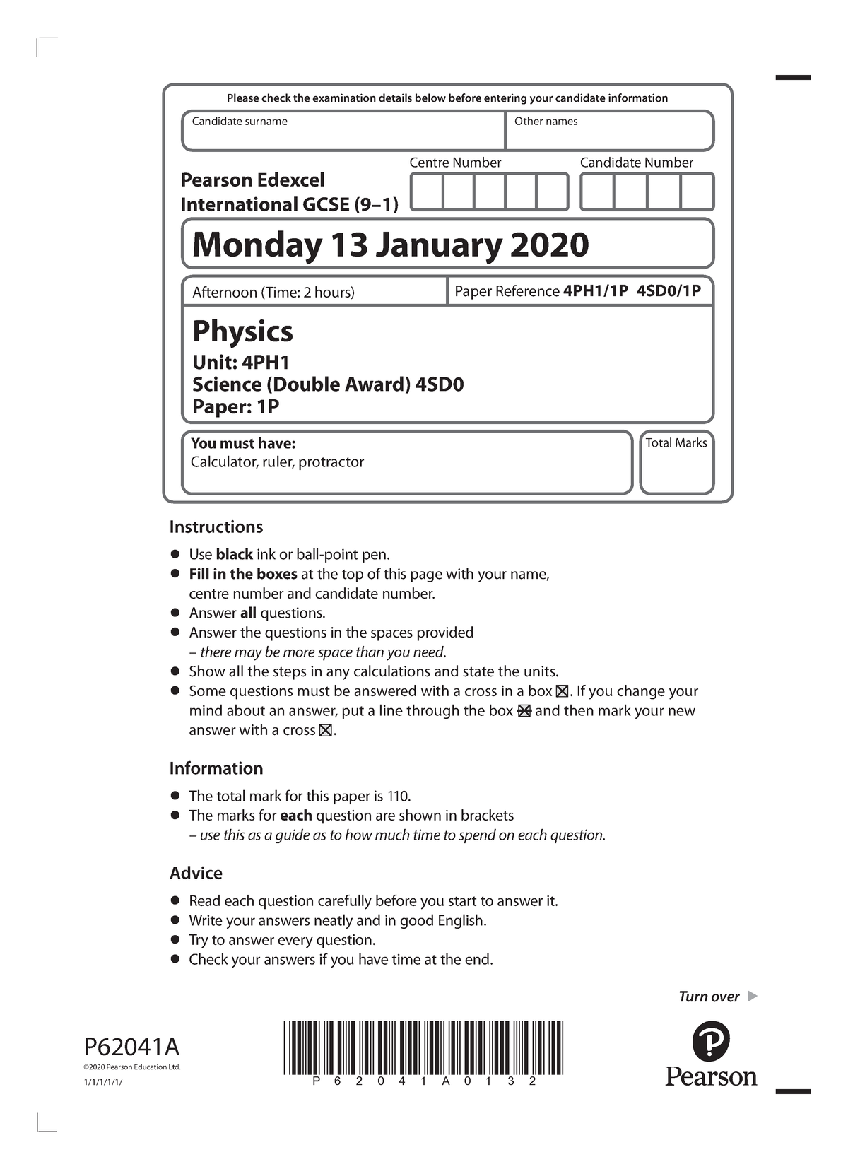 4ph1 1p que jan 2020 - use this worksheet - Candidate surname Other ...