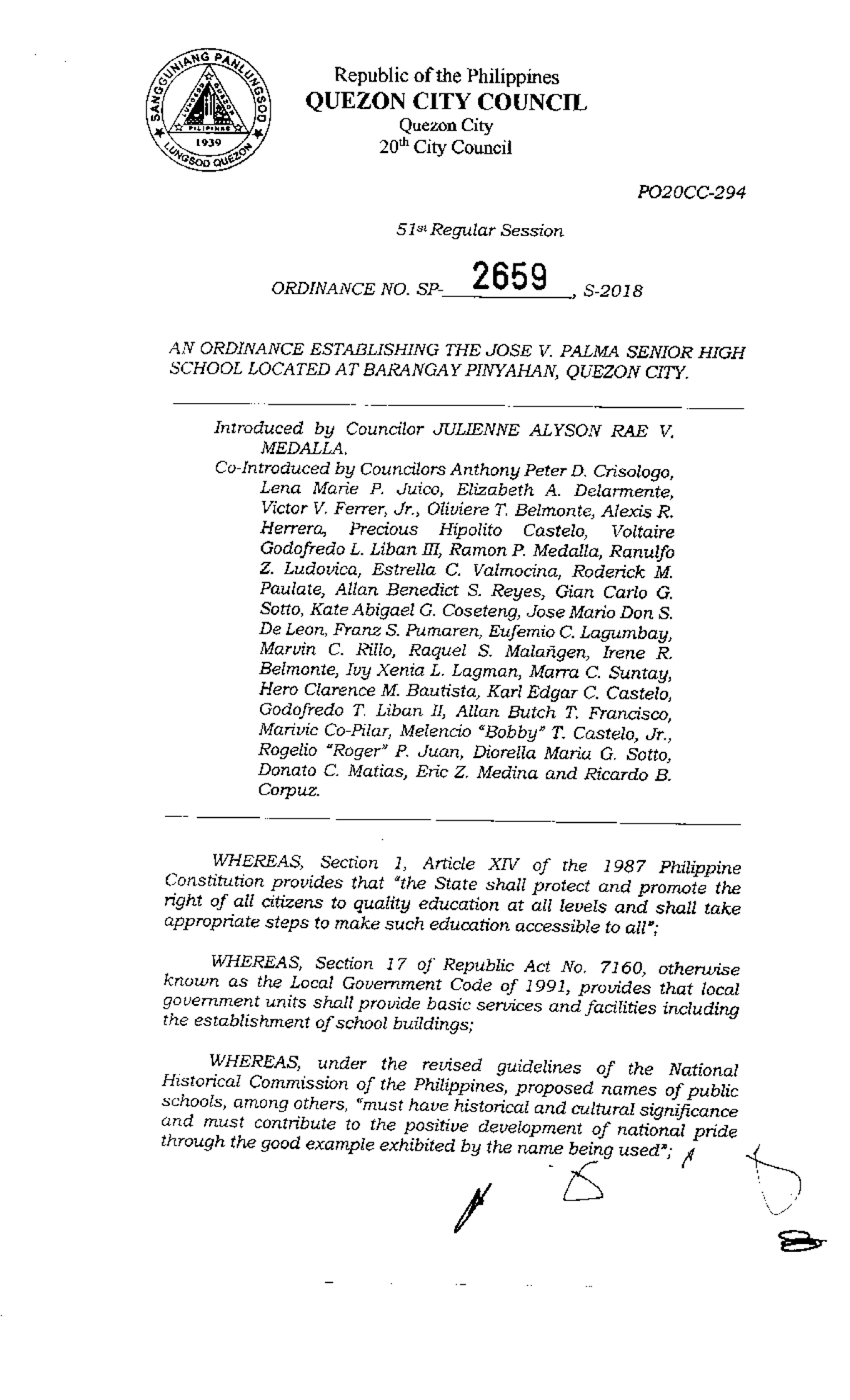 Quezon City Ordinance No. SP2659 l 2018 .01.22 l Establishing the Jose