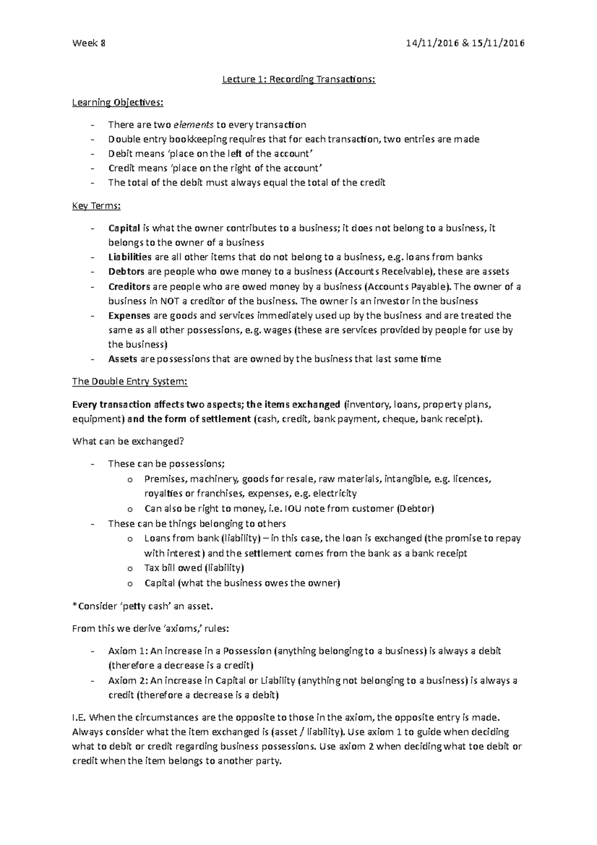 Accouting - Recording transactions - Week 8 14/11/2016 & 15/11/2016 ...