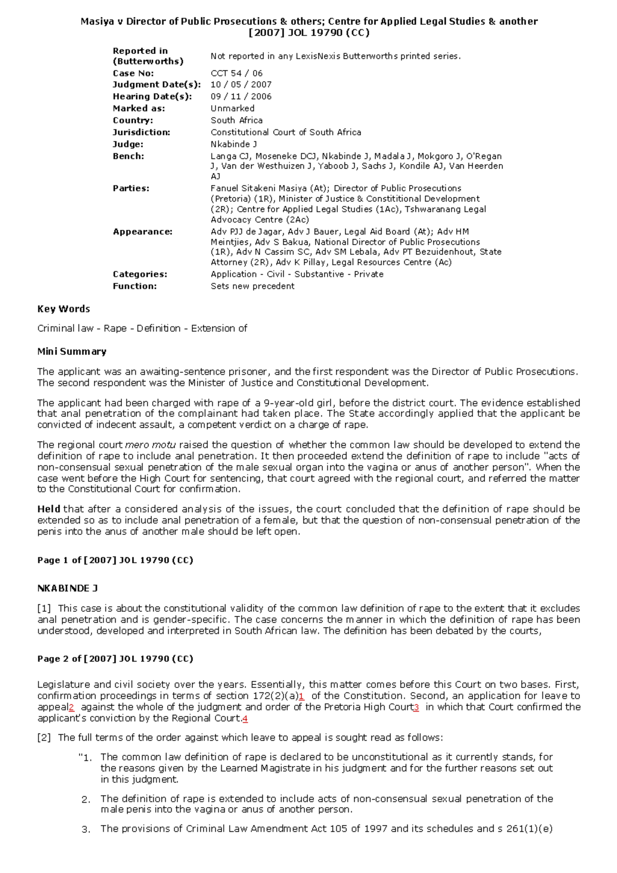 S v Masiya 2007 - Masiya v Director of Public Prosecutions & others ...