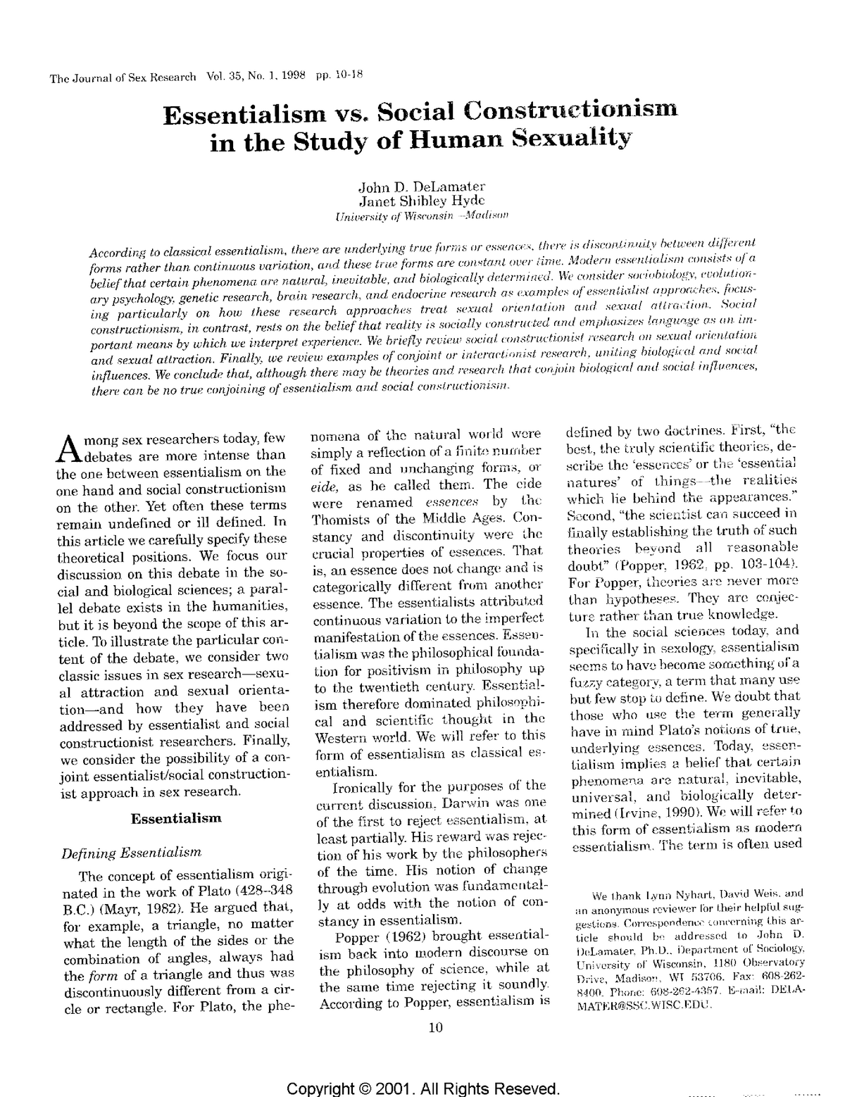 Delamater Hyde Essentialism Vs Social Constructionism The Journal Of