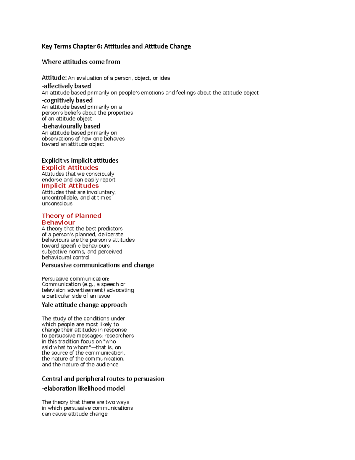 Key Terms Chapter 6 - Notes - Key Terms Chapter 6: Attitudes and ...