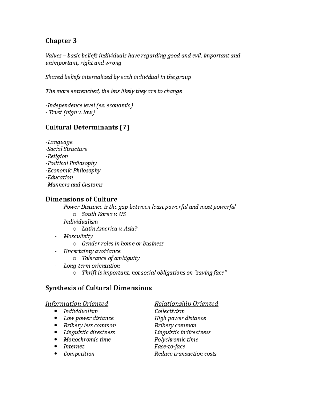 MGT319 Notes Oct 1 - Dimensions of Culture - Chapter 3 Values – basic ...