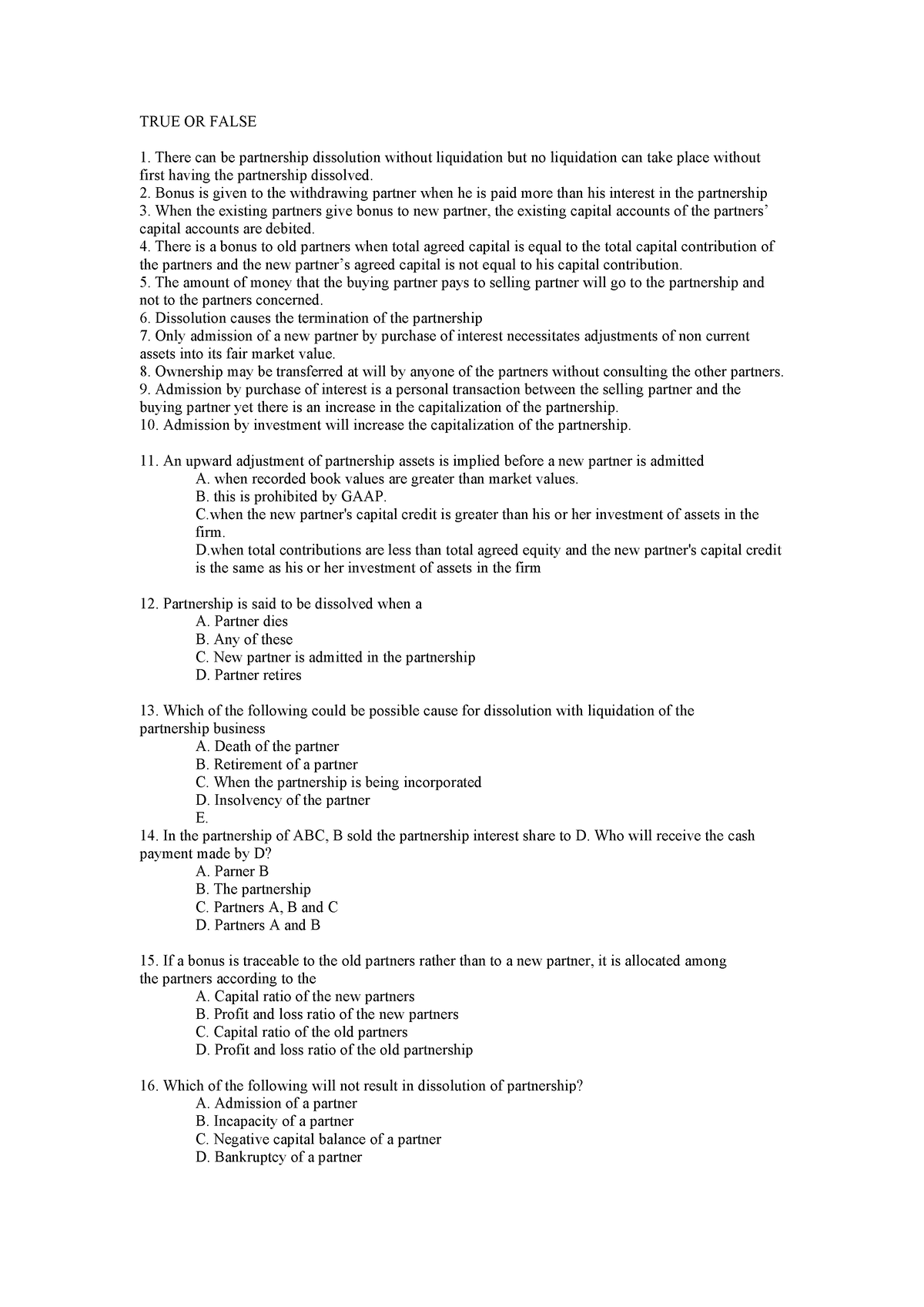 Dissolution true or false and problems with answers - TRUE OR FALSE ...