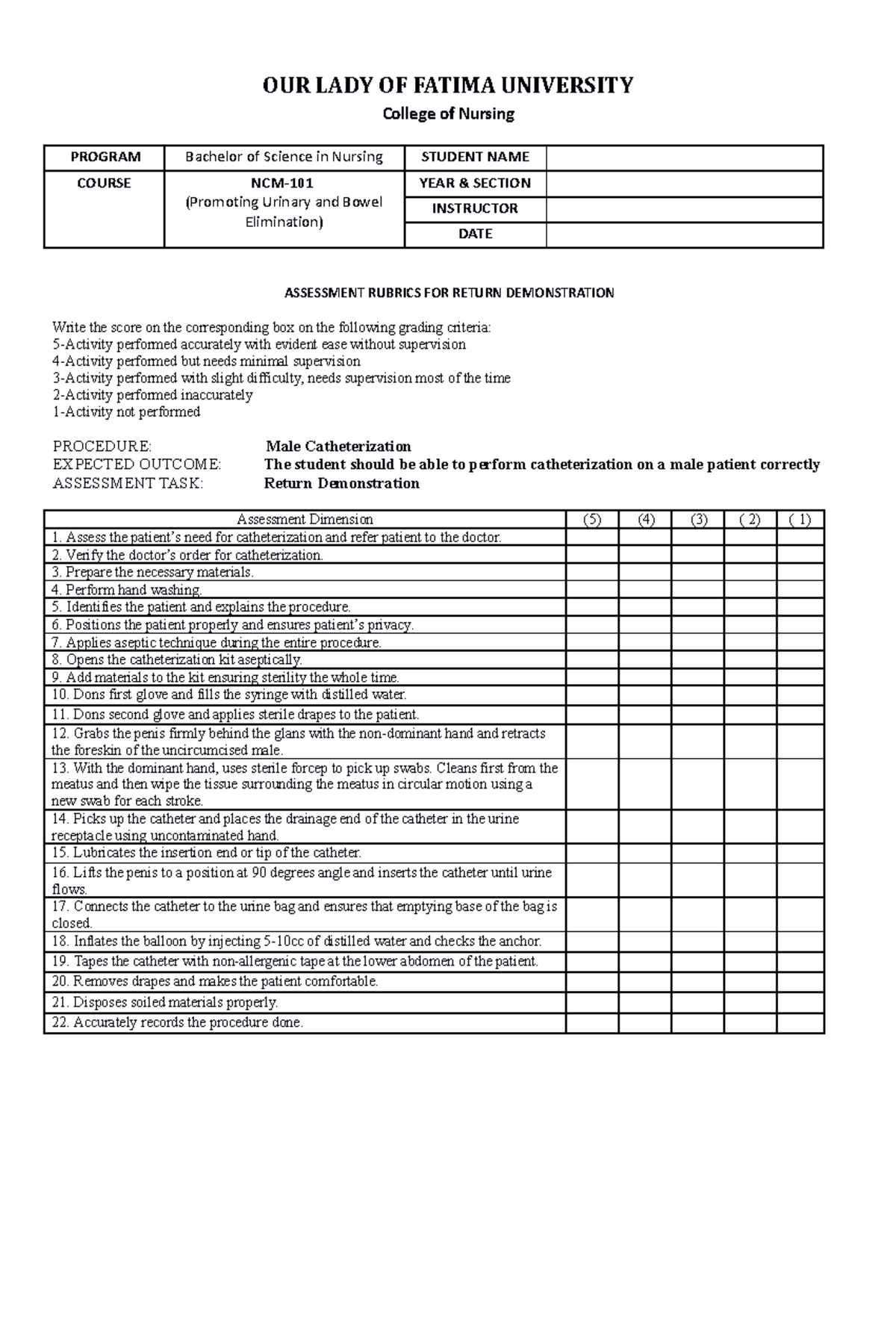 Rubric Male Catheterization 1 - OUR LADY OF FATIMA UNIVERSITY College ...