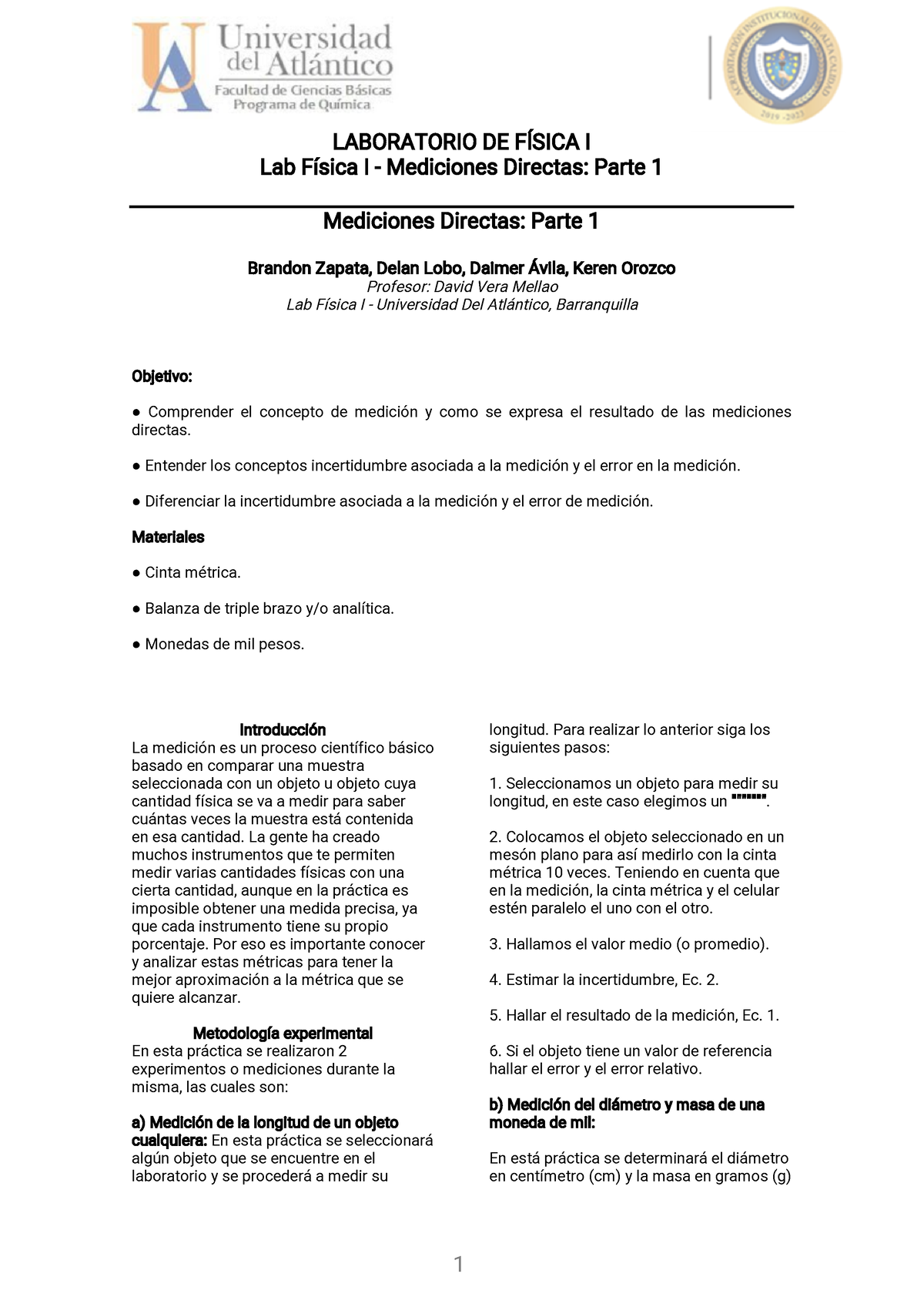 Mediciones Indirectas Informe Lab Fisica 1 Laboratorio De FÍsica I