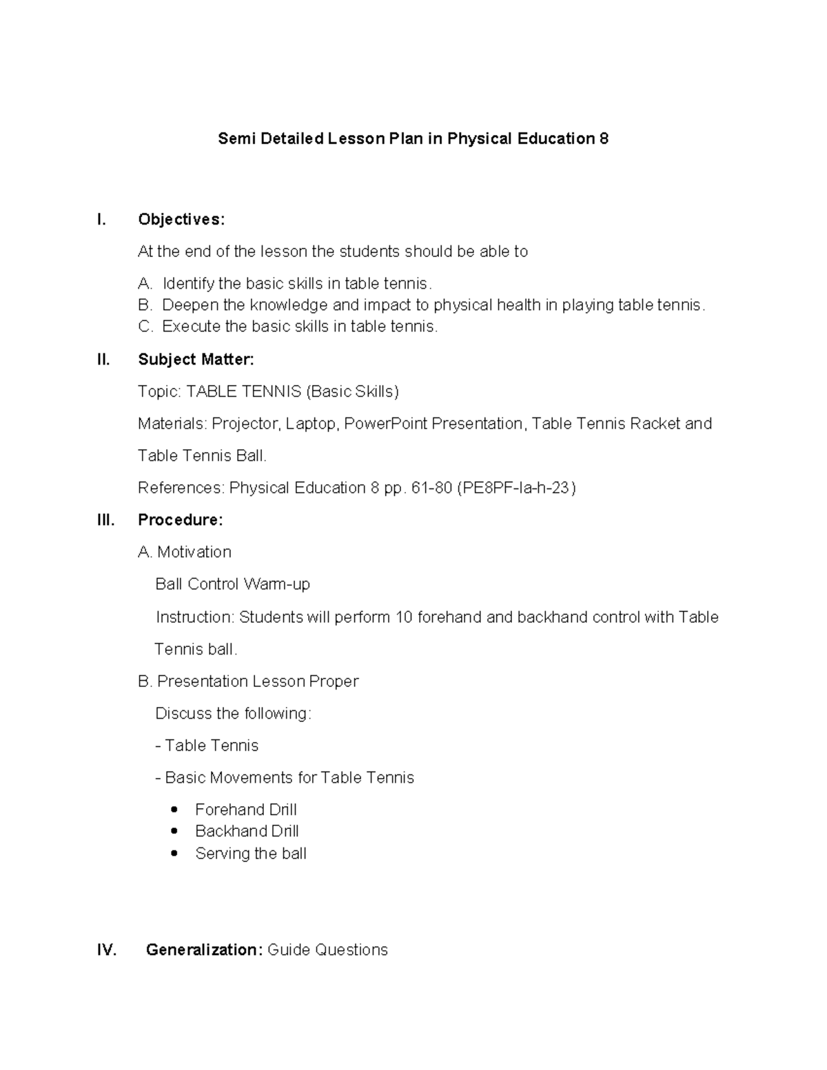 Semi Detailed Lesson Plan Table Tennis Mark Albindo - Semi Detailed ...