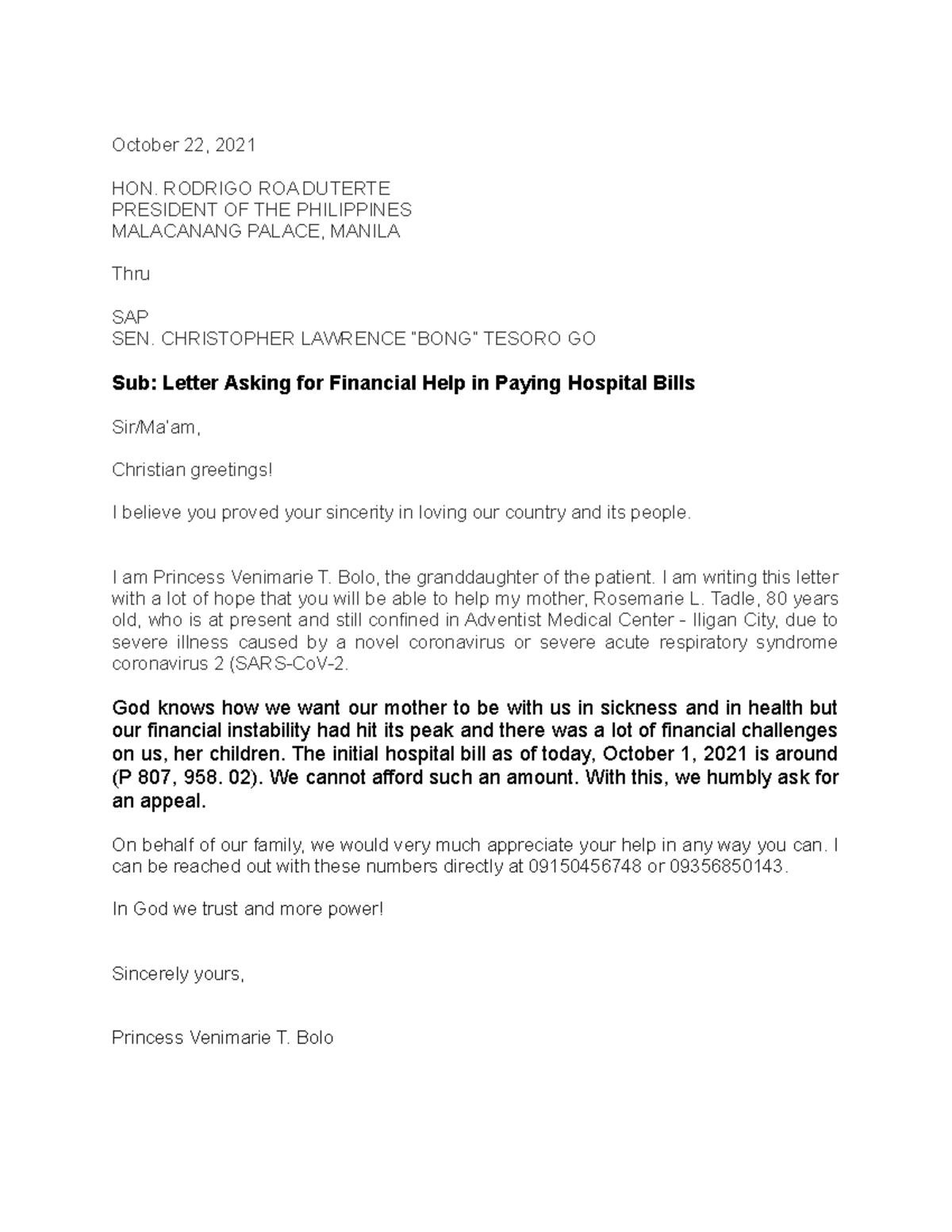 Letter- Duterte - Adcdfvfvsdv - October 22, 2021 Hon. Rodrigo Roa 