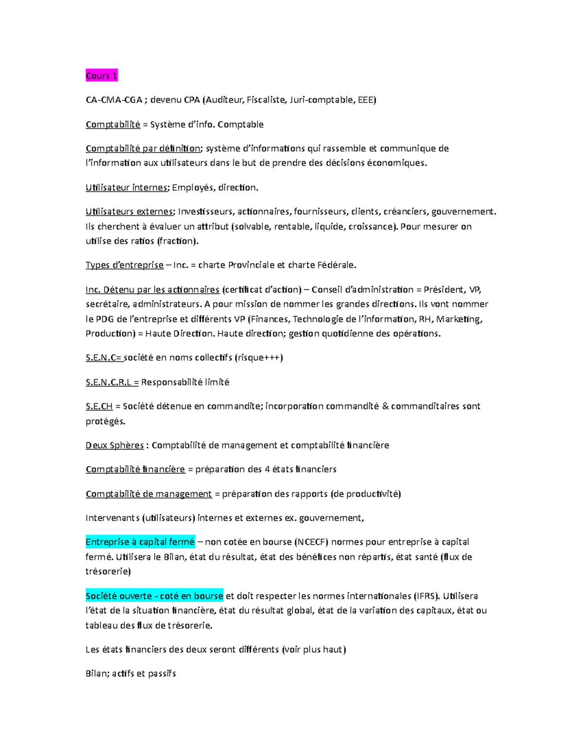 SCO1250 cours 1 - Cours 1 CA-CMA-CGA ; devenu CPA (Auditeur, Fiscaliste ...