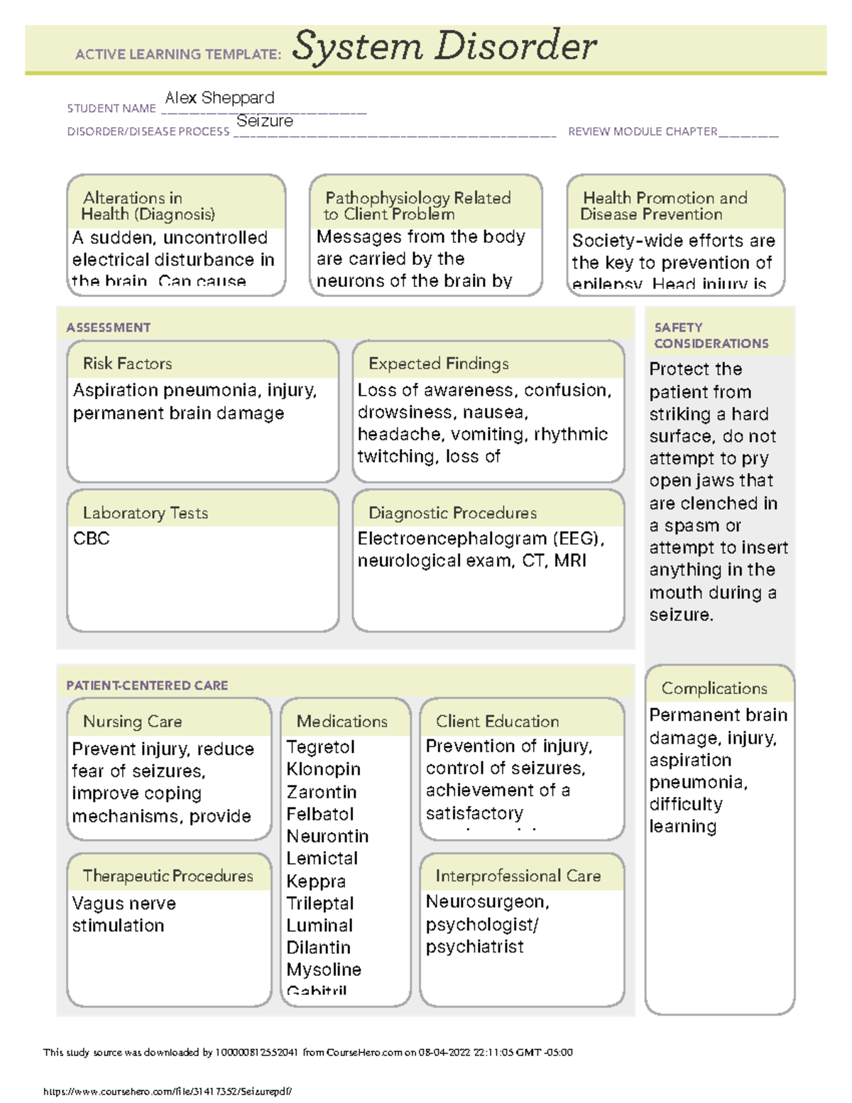 Seizure - ati - System Disorder STUDENT NAME ...