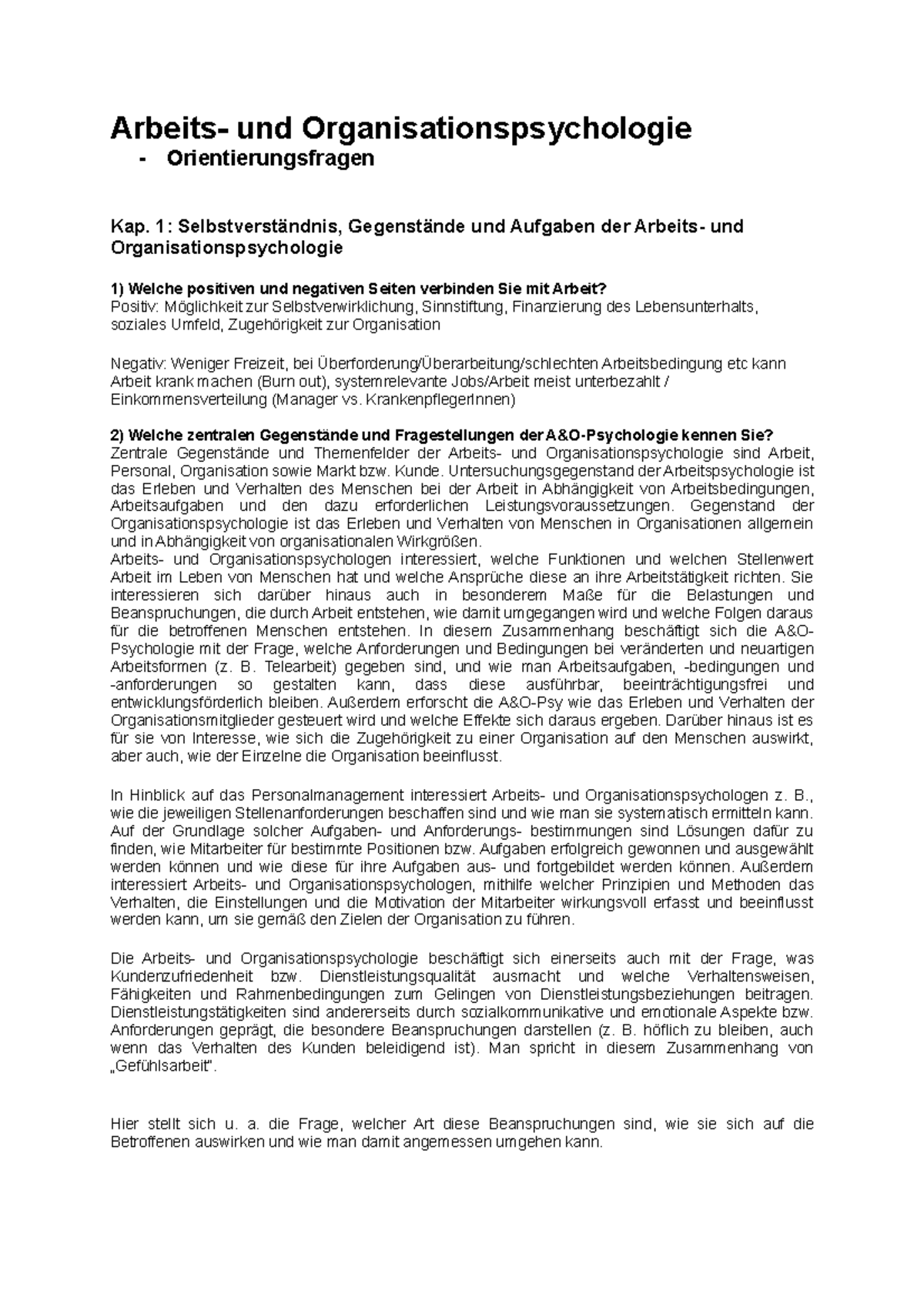 Arbeits- und Organisationspsychologie - Orientierungsfragen - 1