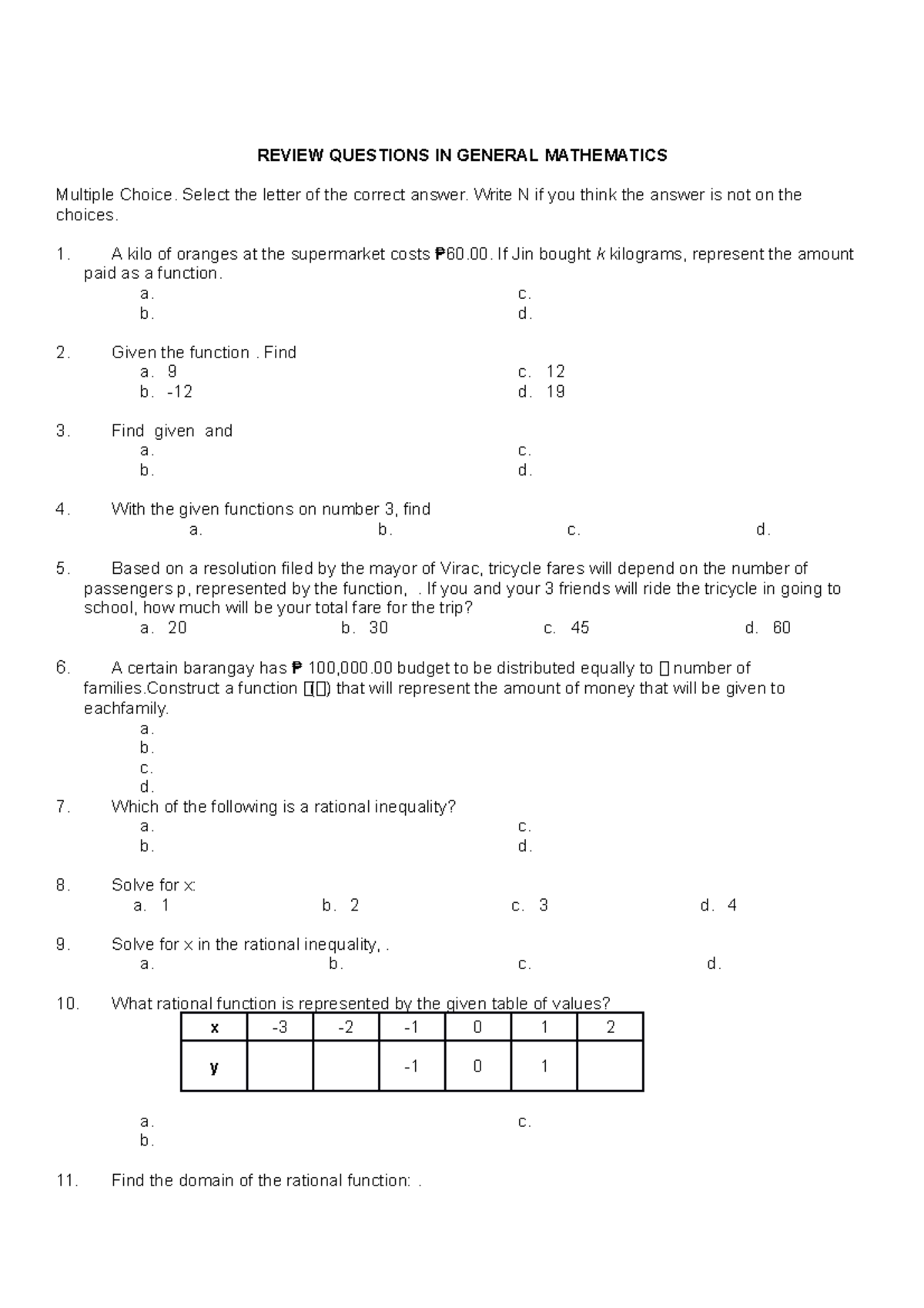 General Mathematics Review Questions 1 - REVIEW QUESTIONS IN GENERAL ...