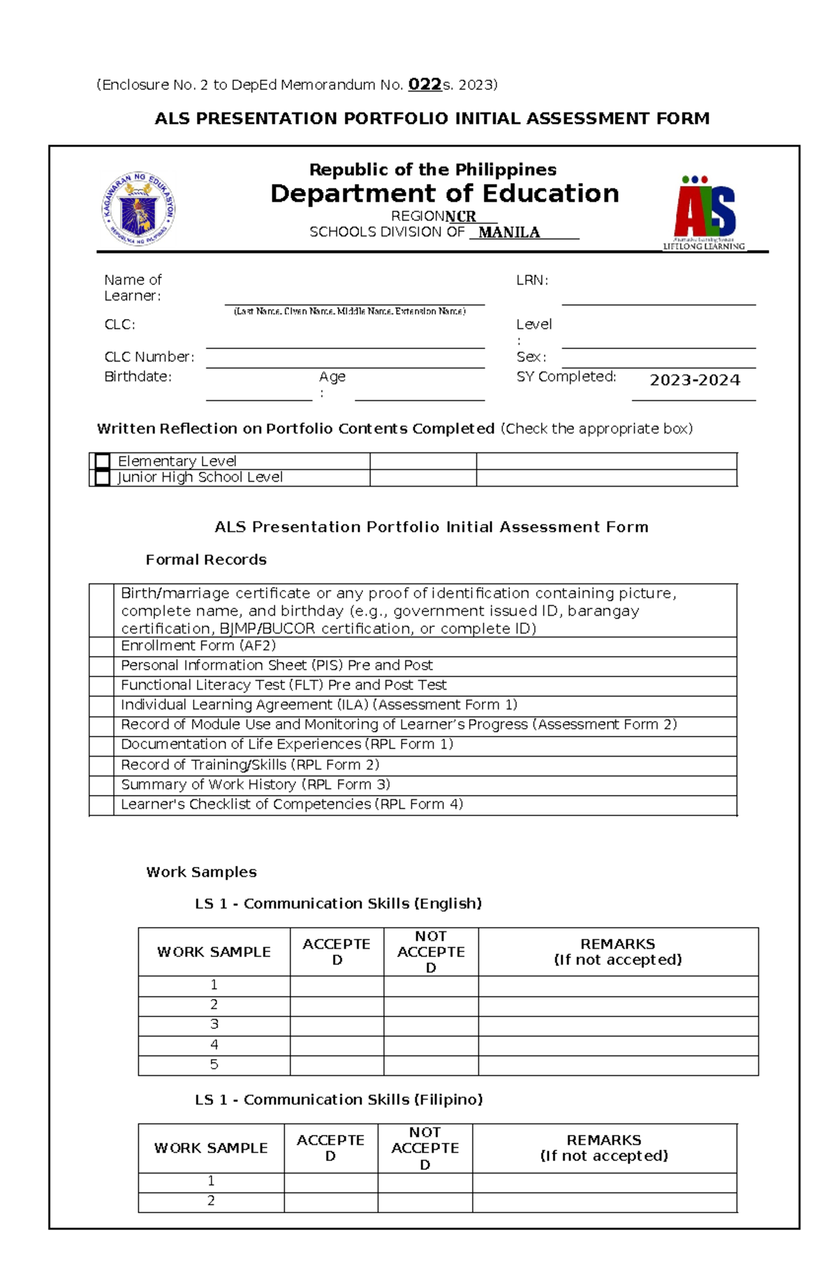 alternative learning system form - (Enclosure No. 2 to DepEd Memorandum ...