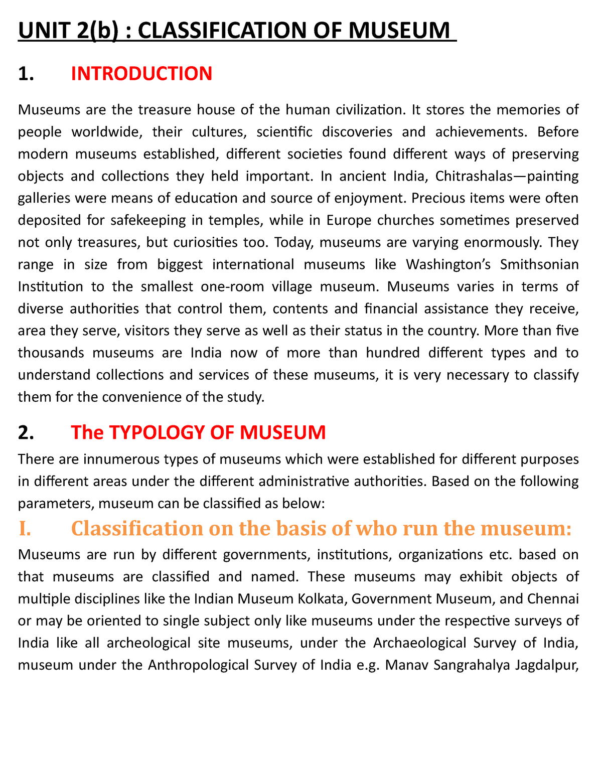 UNIT 2 (b) - Museology Notes - UNIT 2(b) : CLASSIFICATION OF MUSEUM 1 ...