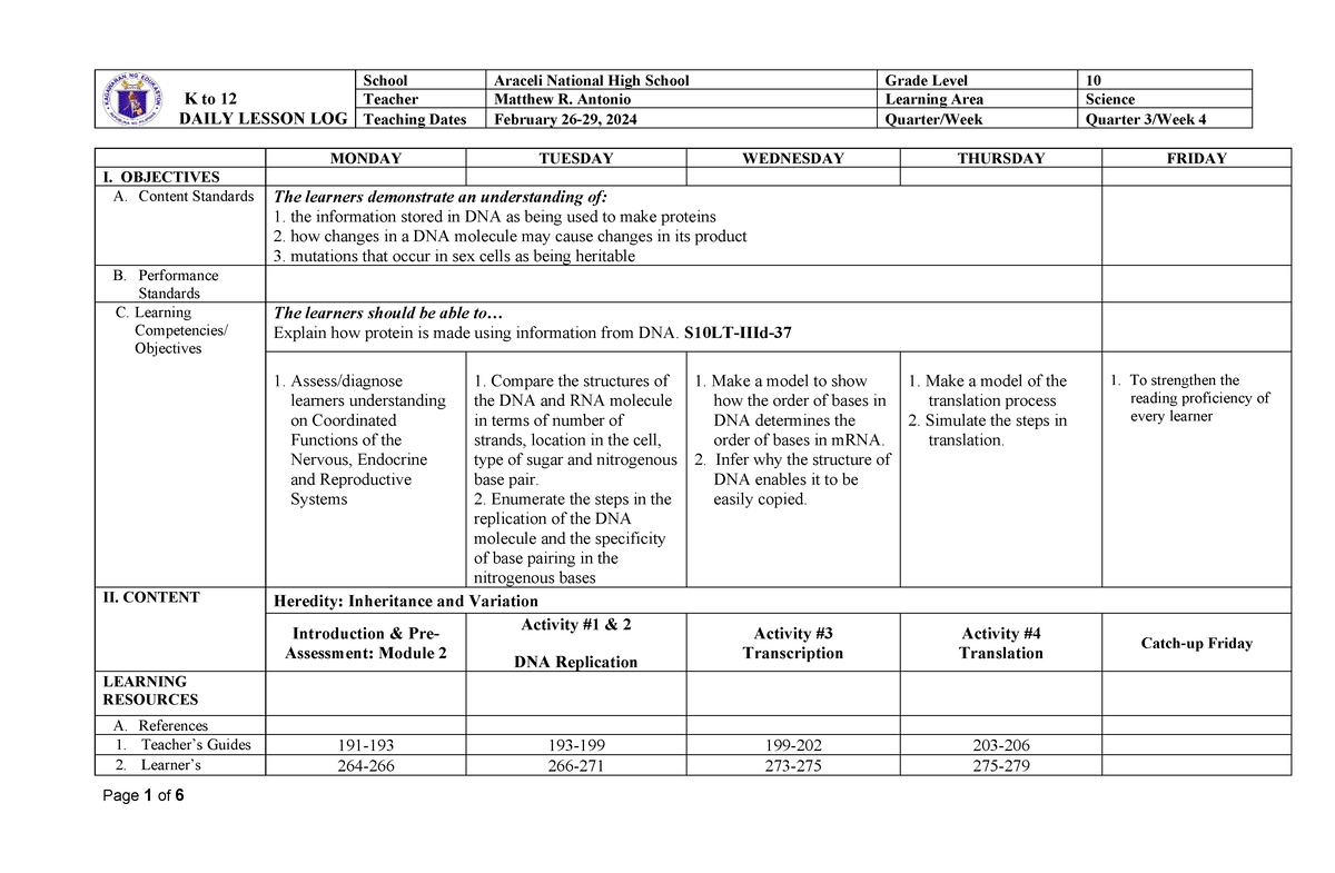 DLL Science Grade 10 Quarter 3 Week4 (Palawan Division) - K to 12 DAILY ...