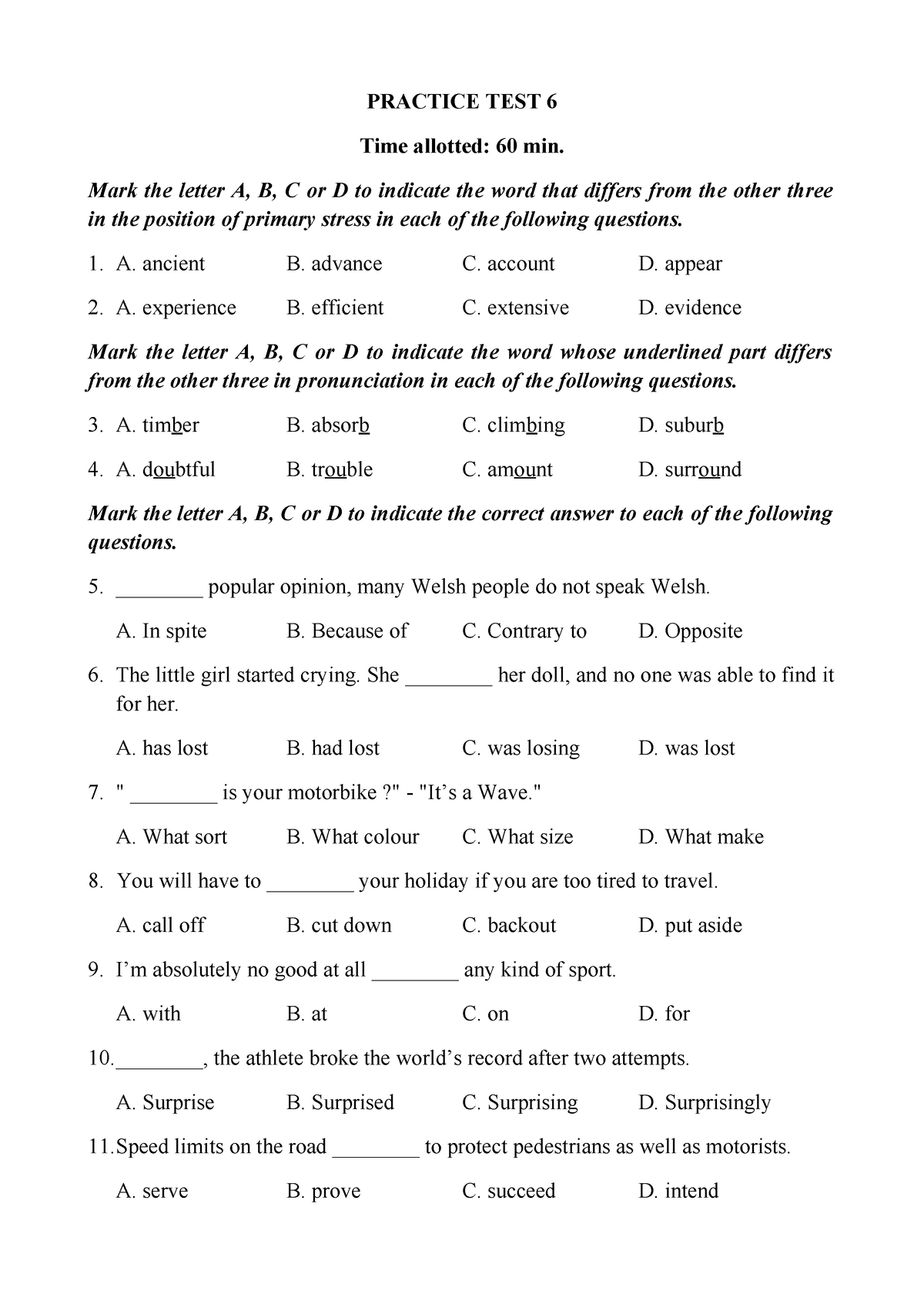 Practice TEST 6 - No Information - PRACTICE TEST 6 Time Allotted: 60 ...