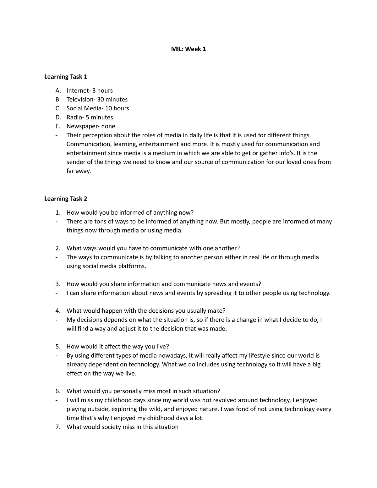 MIL Week - N/a - MIL: Week 1 Learning Task 1 A. Internet- 3 Hours B ...