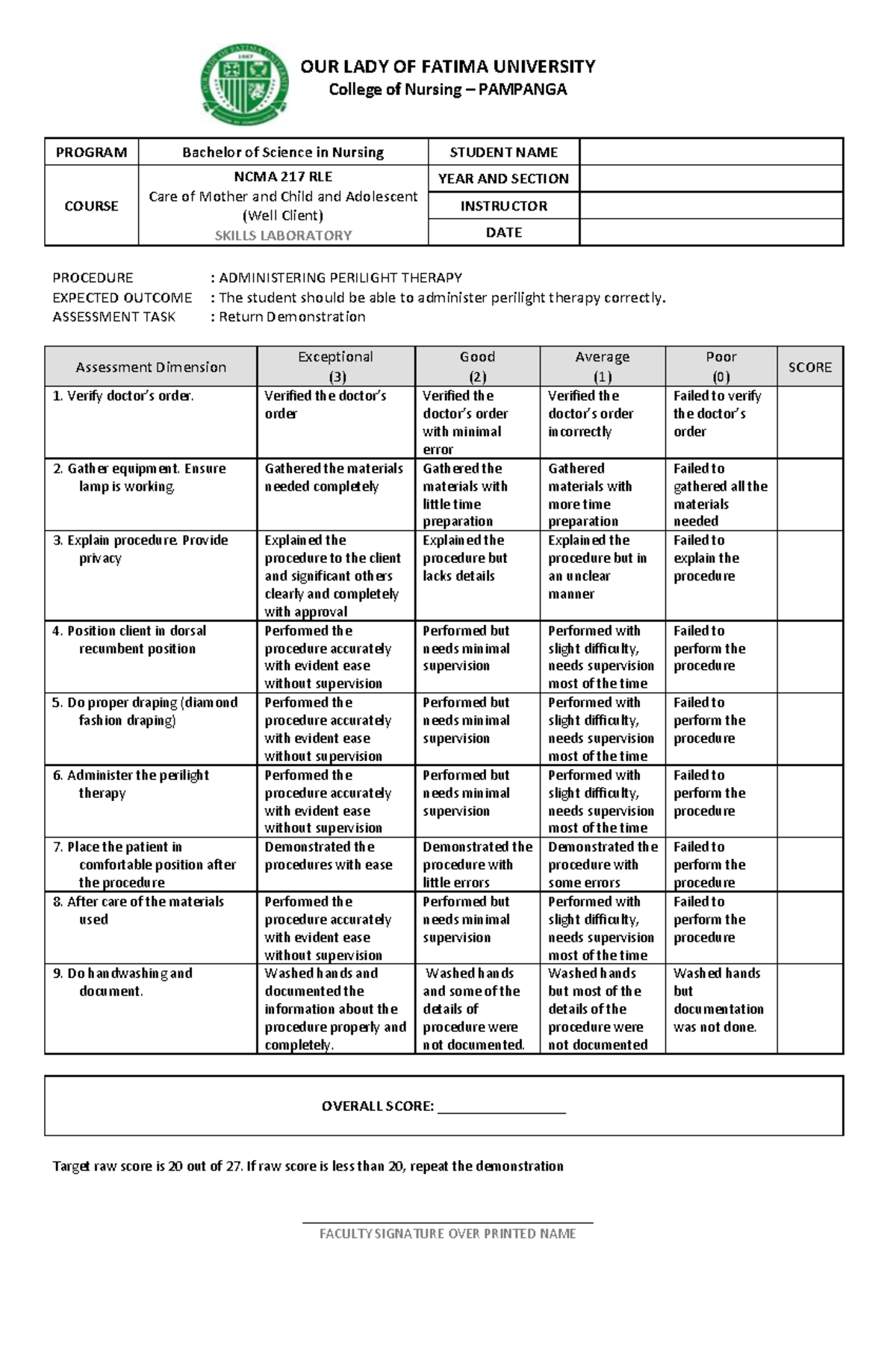 NCMA217 SL Rubrics Administering Perilight Therapy - OUR LADY OF FATIMA ...