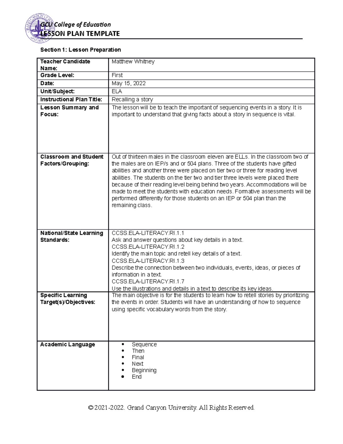 ESL 440N Benchmark Lesson Planning For English Language Learners 