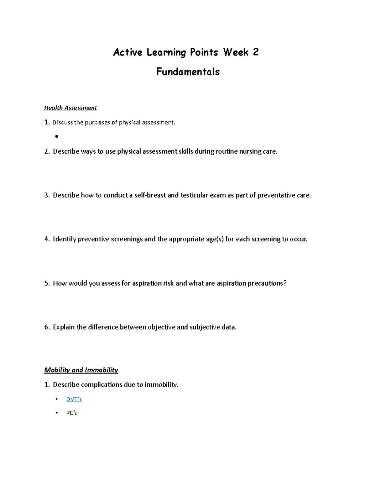 Week 2 - Week 2 - Active Learning Points Week 2 Fundamentals Health ...