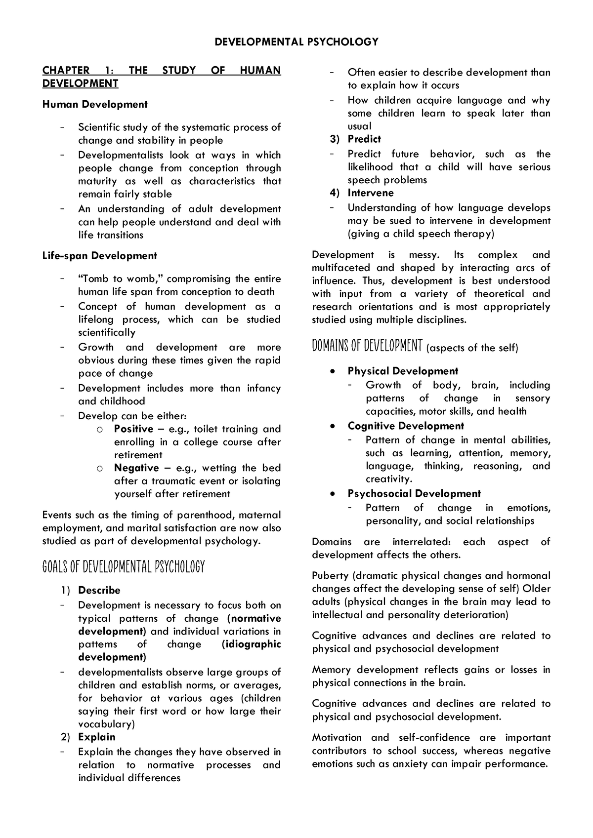 Human Development - Chapter 1 To 2 (Summary) - CHAPTER 1: THE STUDY OF ...