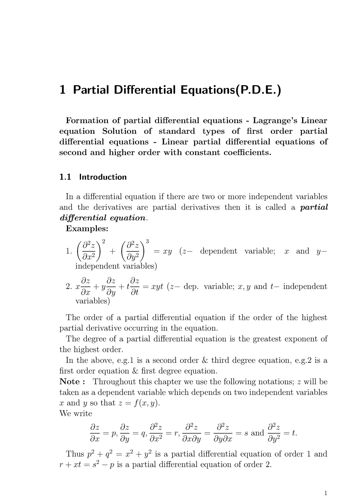 Unit1 Lecture Notes 1 1 Partial Differential Equations P D Formation Of Partial Differential Studocu