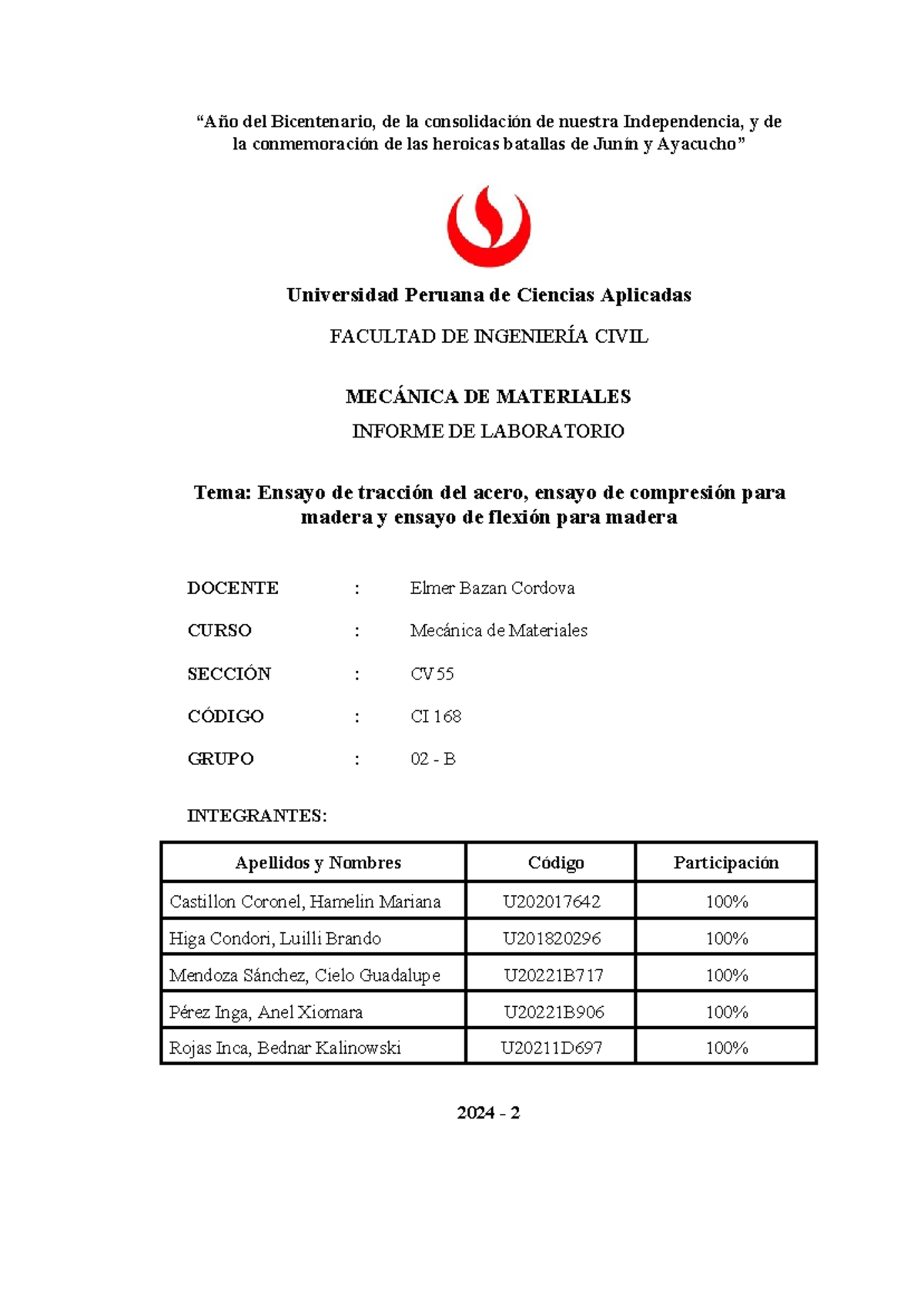 TF Laboratorio MECA DE Materiales - “Año Del Bicentenario, De La ...