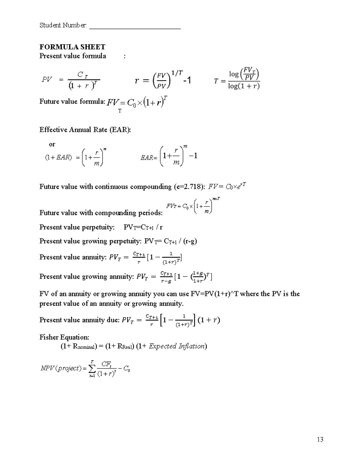 Midterm Formula Sheet 2024 - Student Number ...