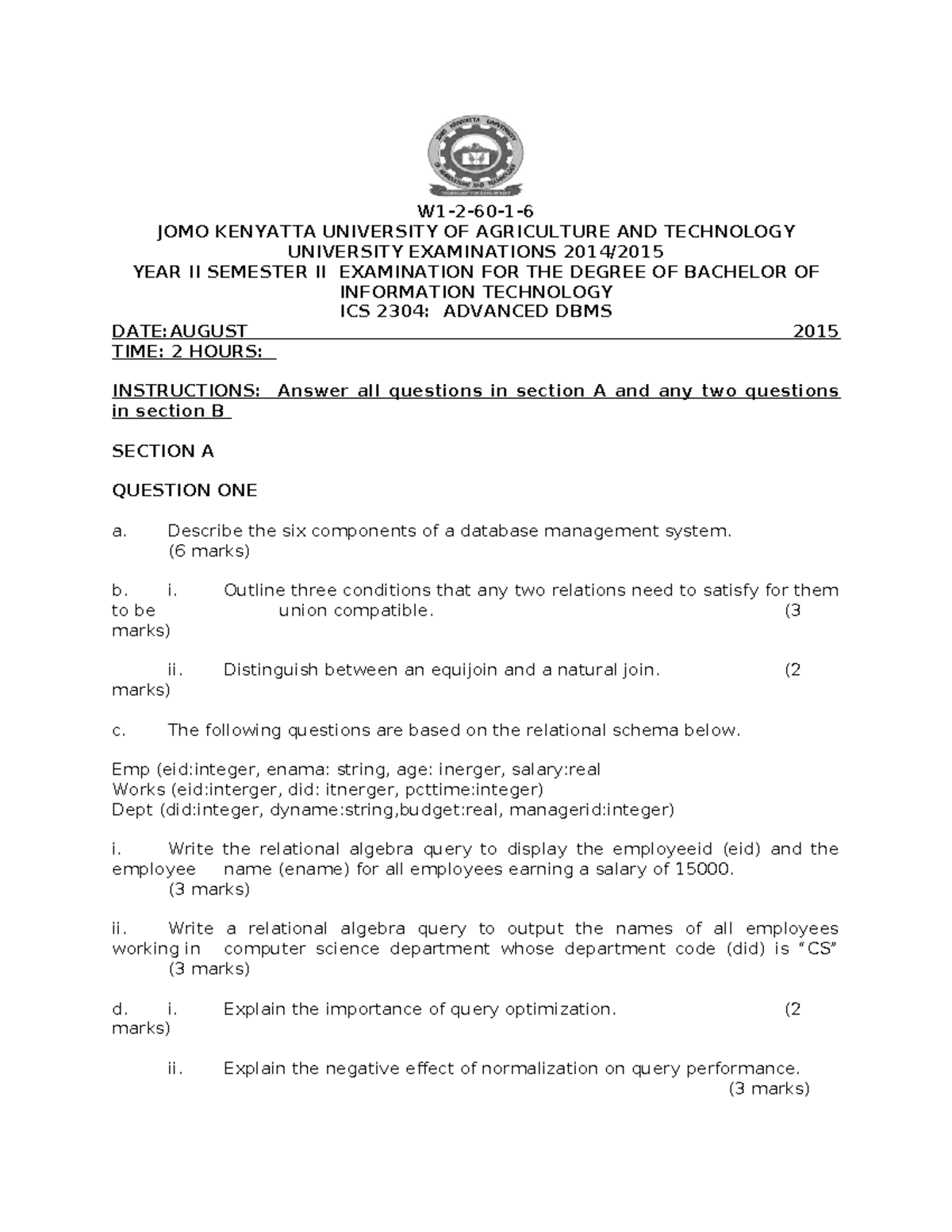 ICS 2304 Advanced DBMS - revision purpose - W1-2-60-1- JOMO KENYATTA ...