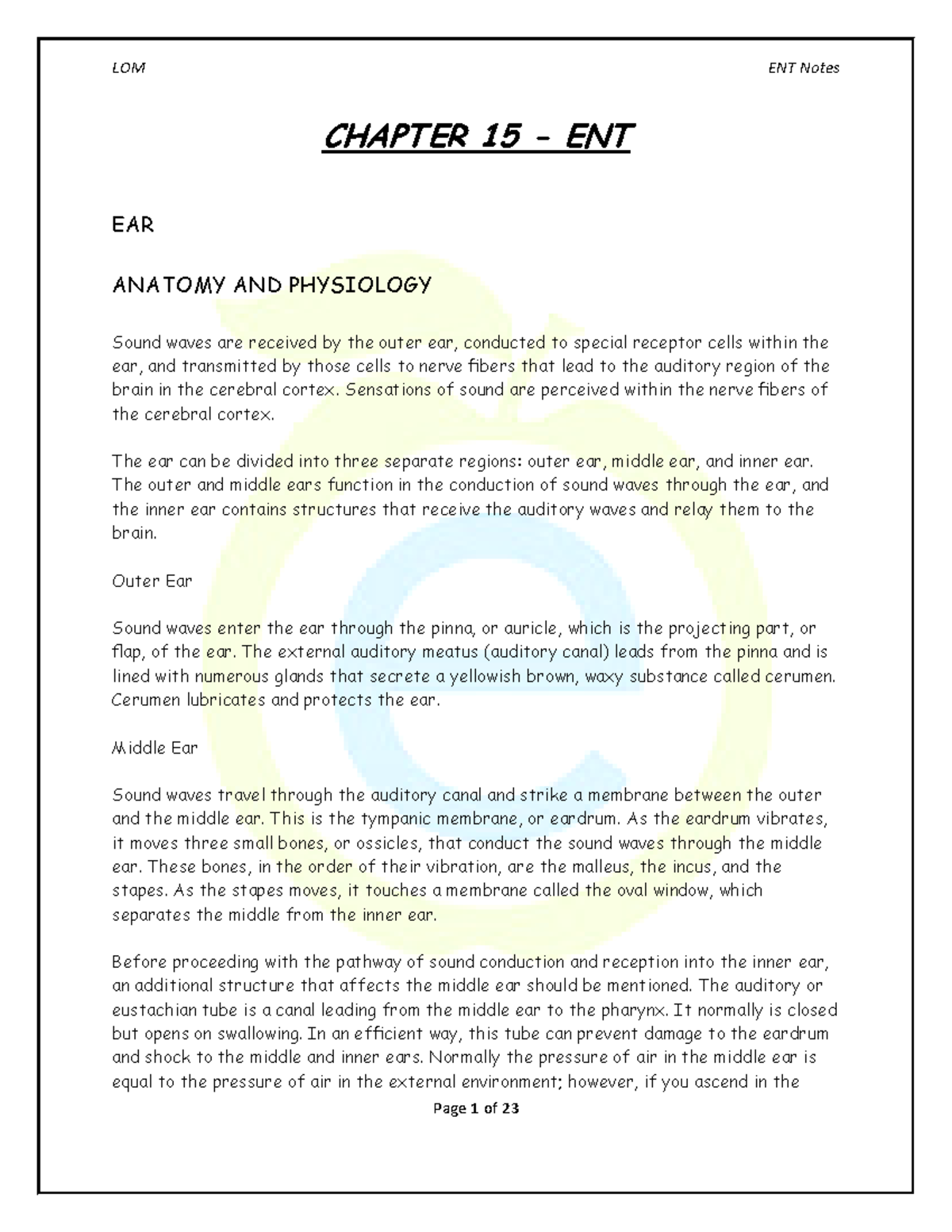 Entlomnotes - lecture notes - CHAPTER 15 - ENT EAR ANATOMY AND ...