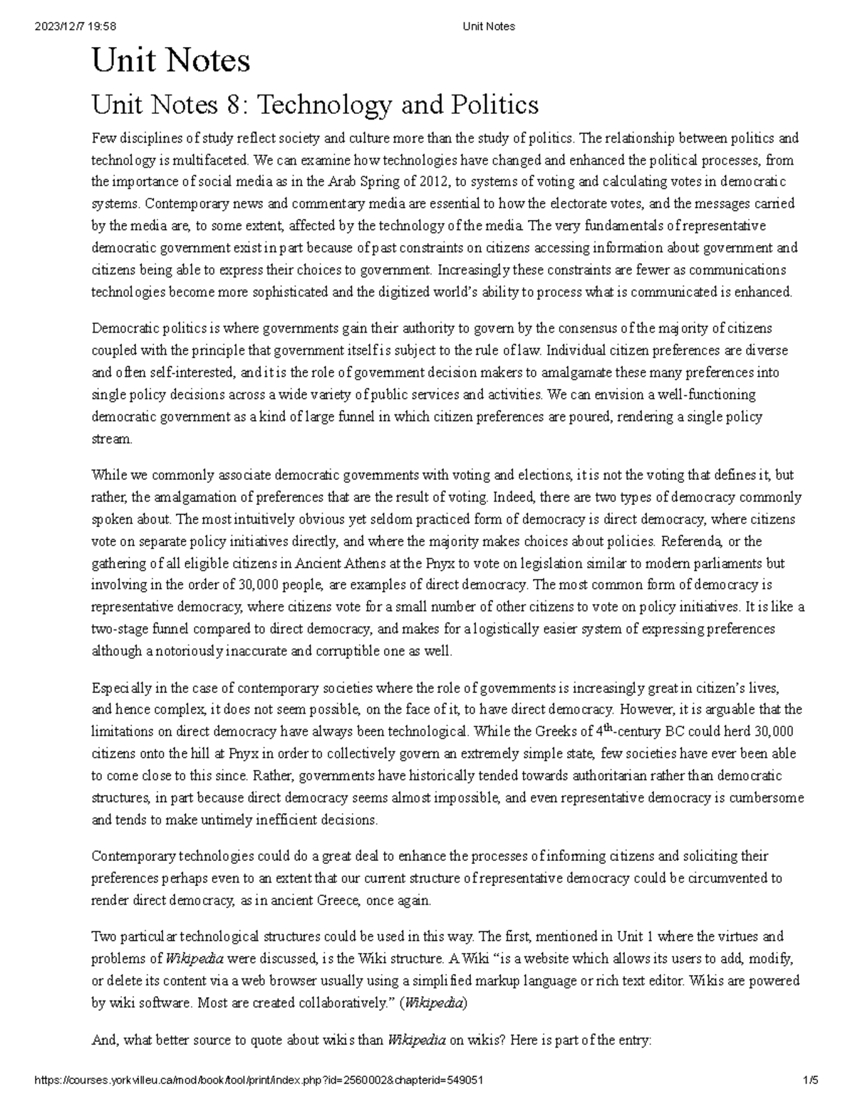 Unit 8 Notes - Unit Notes Unit Notes 8: Technology and Politics Few ...