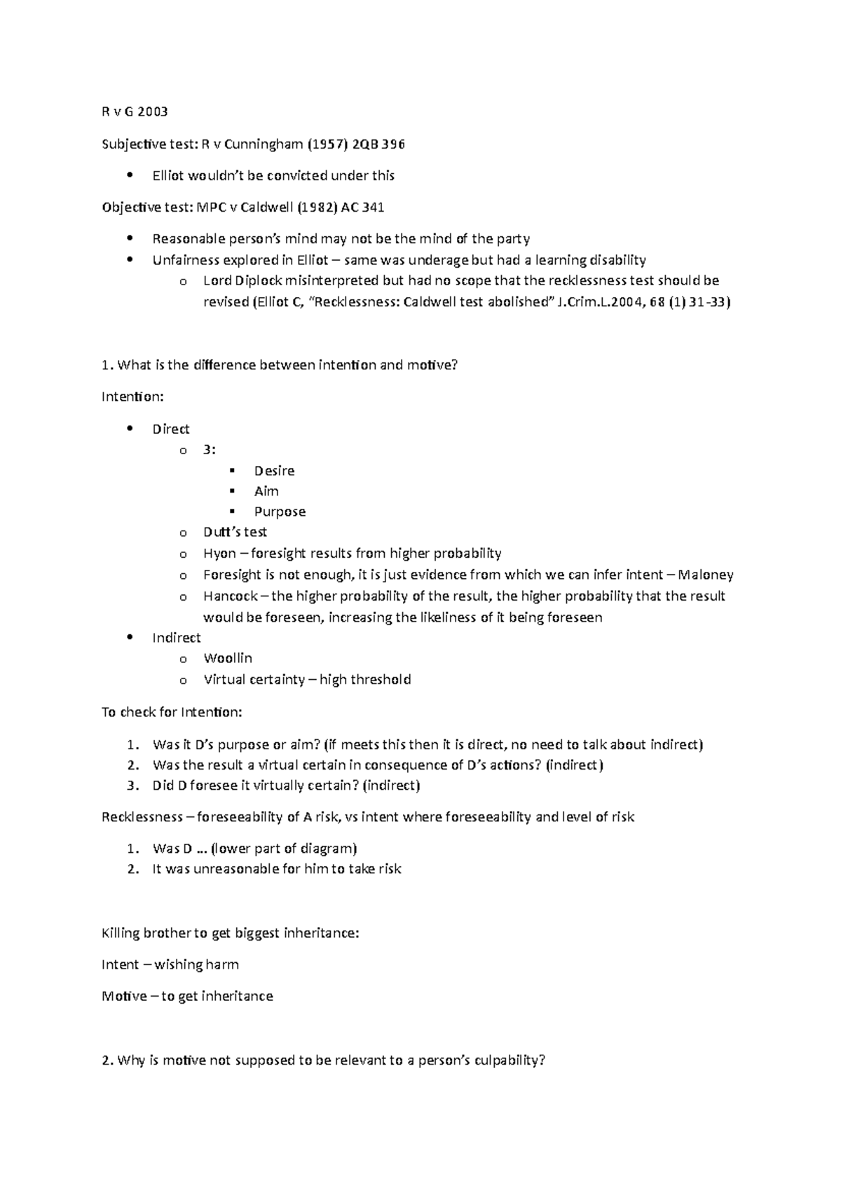 CL 5 - Subjective test: R v Cunningham (1957) 2QB 396 Objective test ...