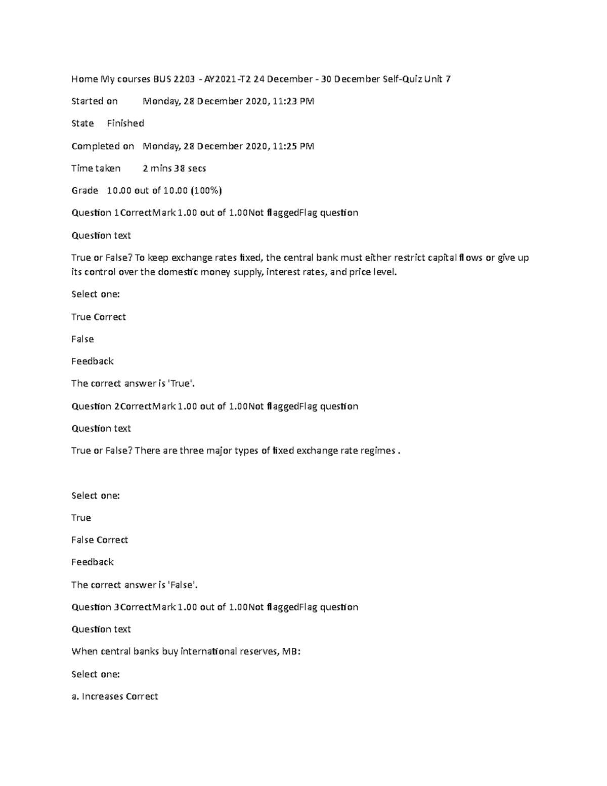 Self quiz unit 7 2203 - self-quiz - Home My courses BUS 2203 - AY2021 ...
