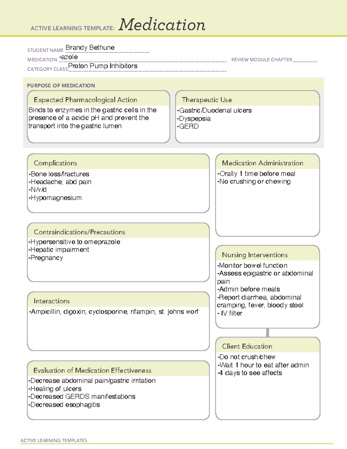 ATI Proton Pump Inhibitor - ACTIVE LEARNING TEMPLATES Medication ...