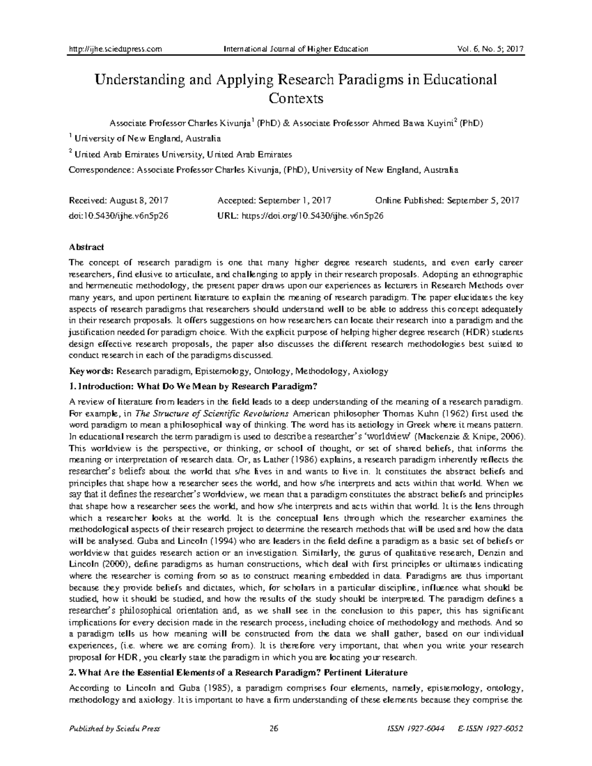 Undertsanding, and applying research paradigms - 5430/ijhe URL: doi/10. ...