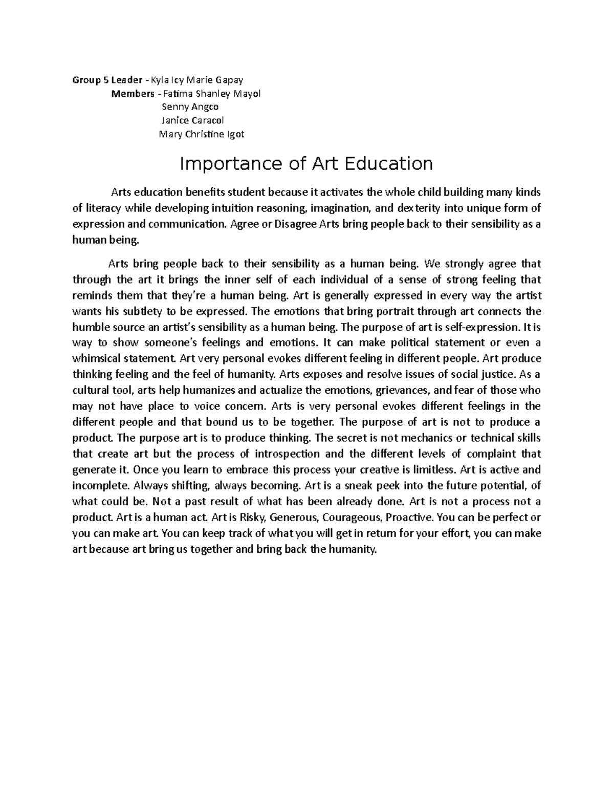 Importance of Art Education - Group 5 Leader - Kyla Icy Marie Gapay ...