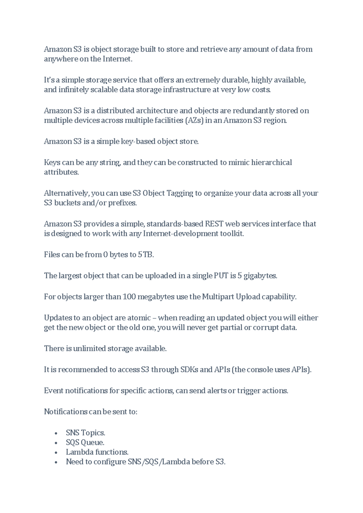 Amazon S3 - notes - Amazon S3 is object storage built to store and ...