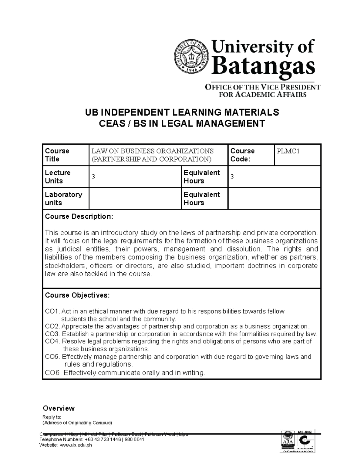 Module 4 Final PLMC1 - UB INDEPENDENT LEARNING MATERIALS CEAS / BS IN ...