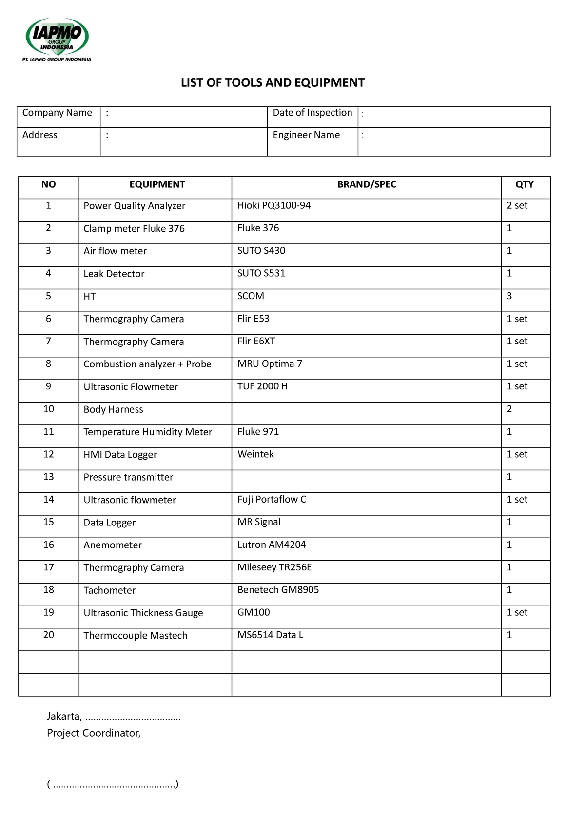 List Tools Iapmo - Ujian - List Of Tools And Equipment Company Name 