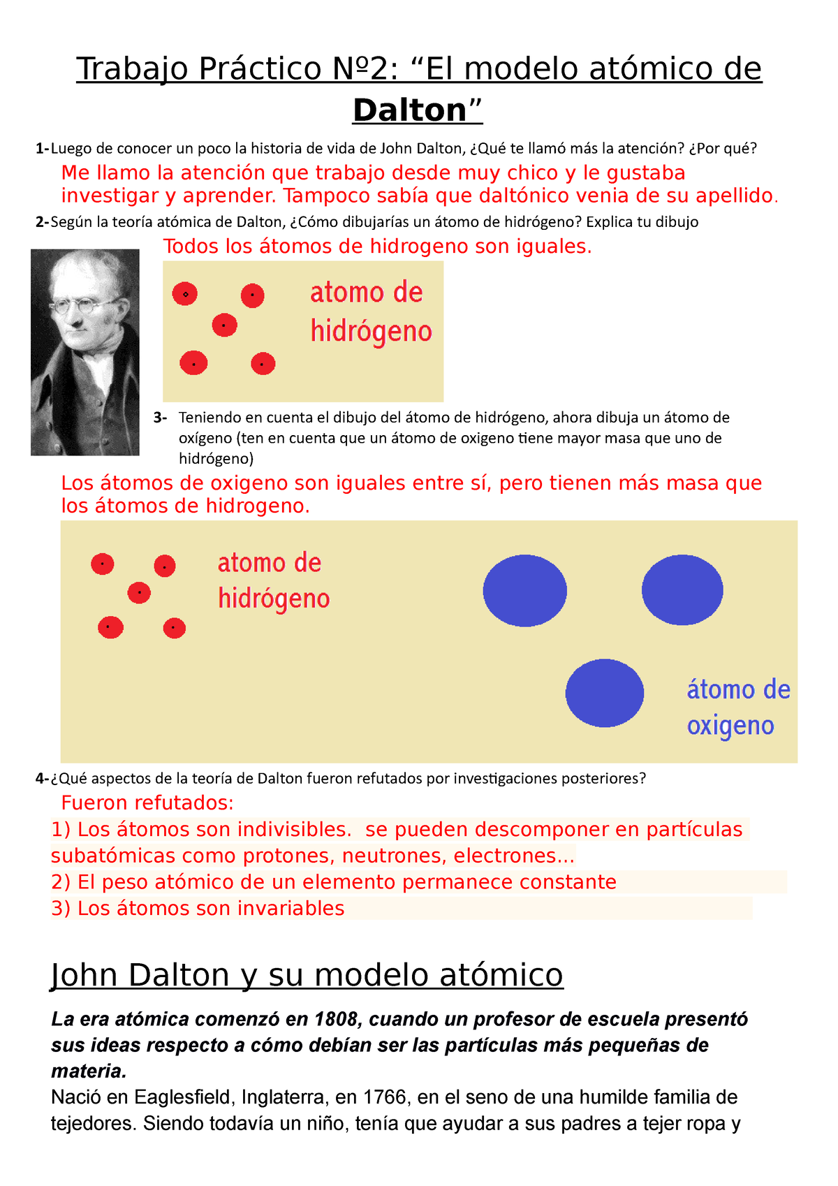 Fisicoquimica Trabajo 2 - Trabajo Práctico Nº2: “El modelo atómico de Dalton”  1-Luego de conocer un - Studocu