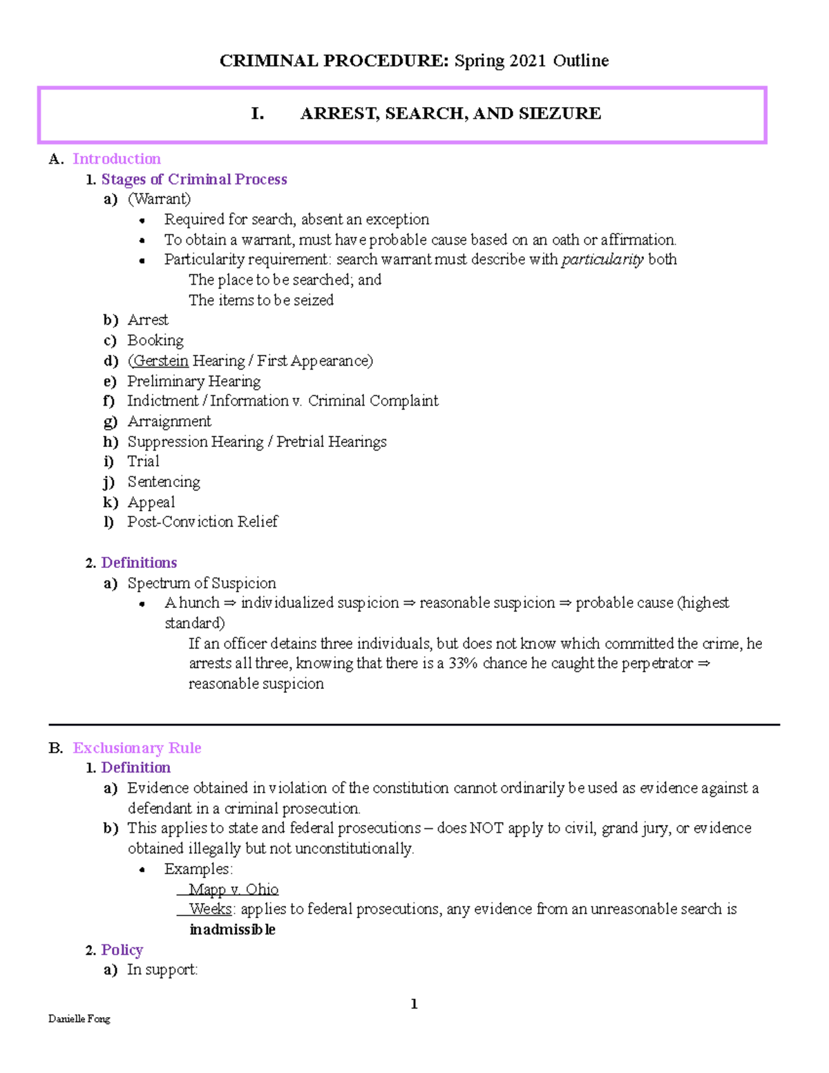 Criminal Procedure Final Outline - I. ARREST, SEARCH, AND SIEZURE A ...