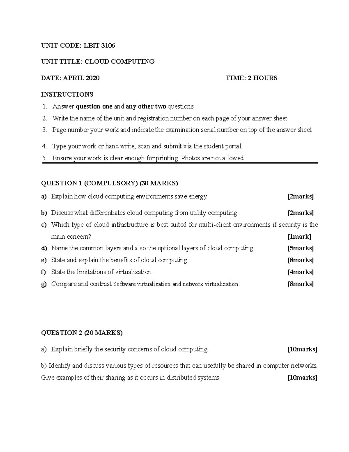 Cloud Computing questions - UNIT CODE: LBIT 3106 UNIT TITLE: CLOUD ...