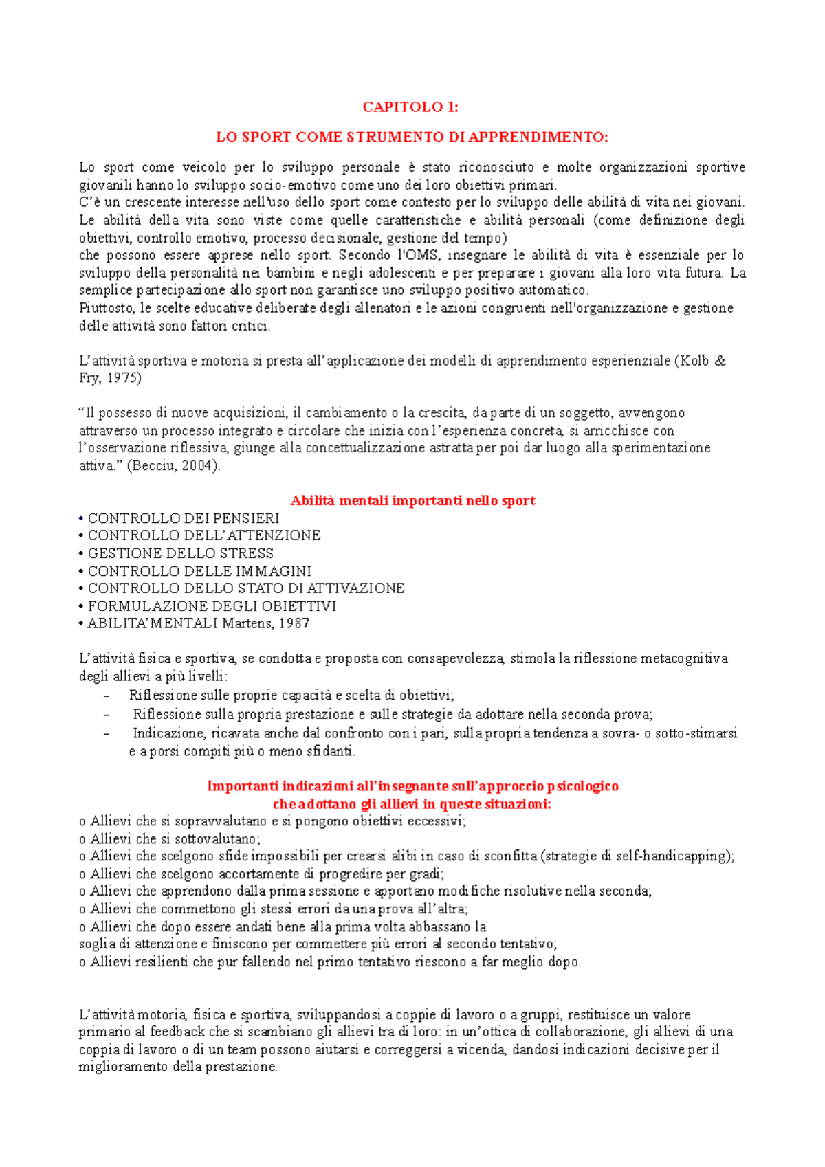 Didattica Delle Attivita' Motorie CAPITOLO 1 LO SPORT COME STRUMENTO