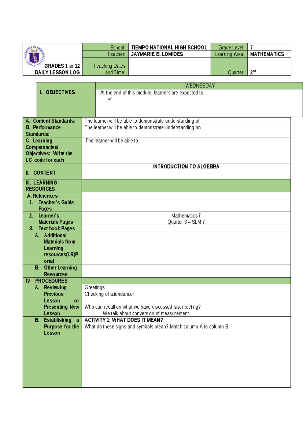 COT 2 - Grade 7 Circles 1 - cot - GRADES 1 to 12 DAILY LESSON LOG ...