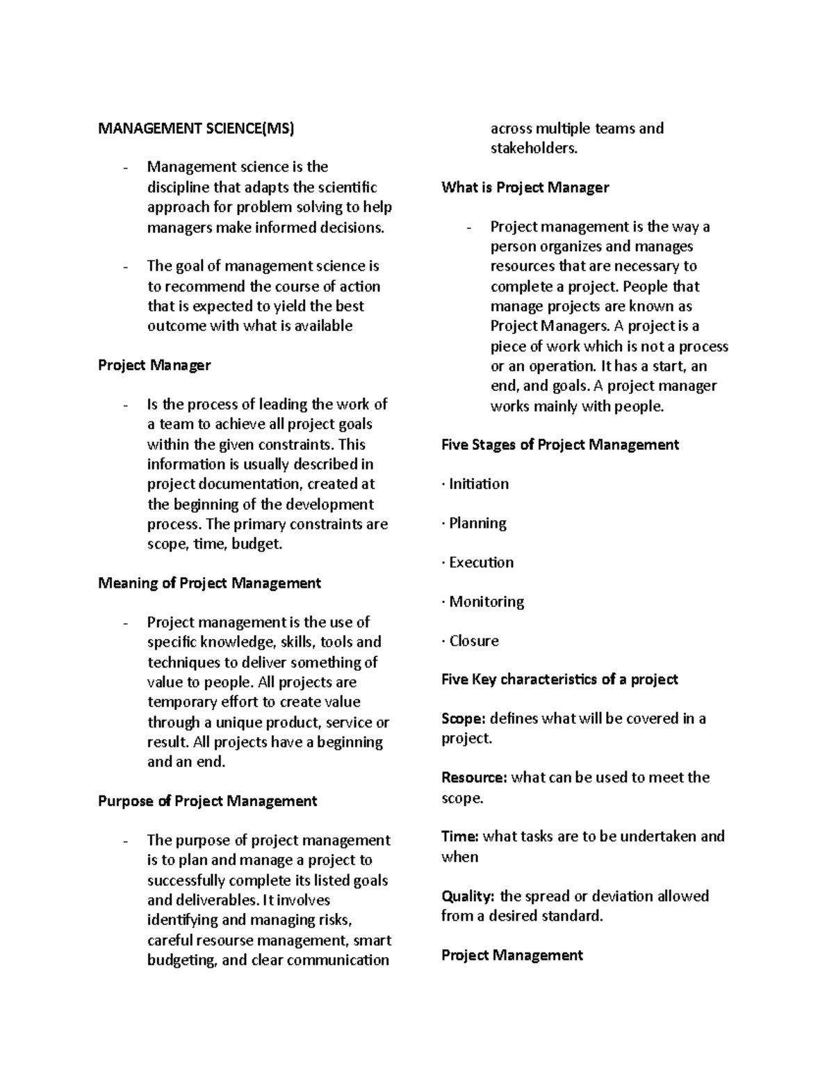 Management Science , Business Law - MANAGEMENT SCIENCE(MS) Management ...