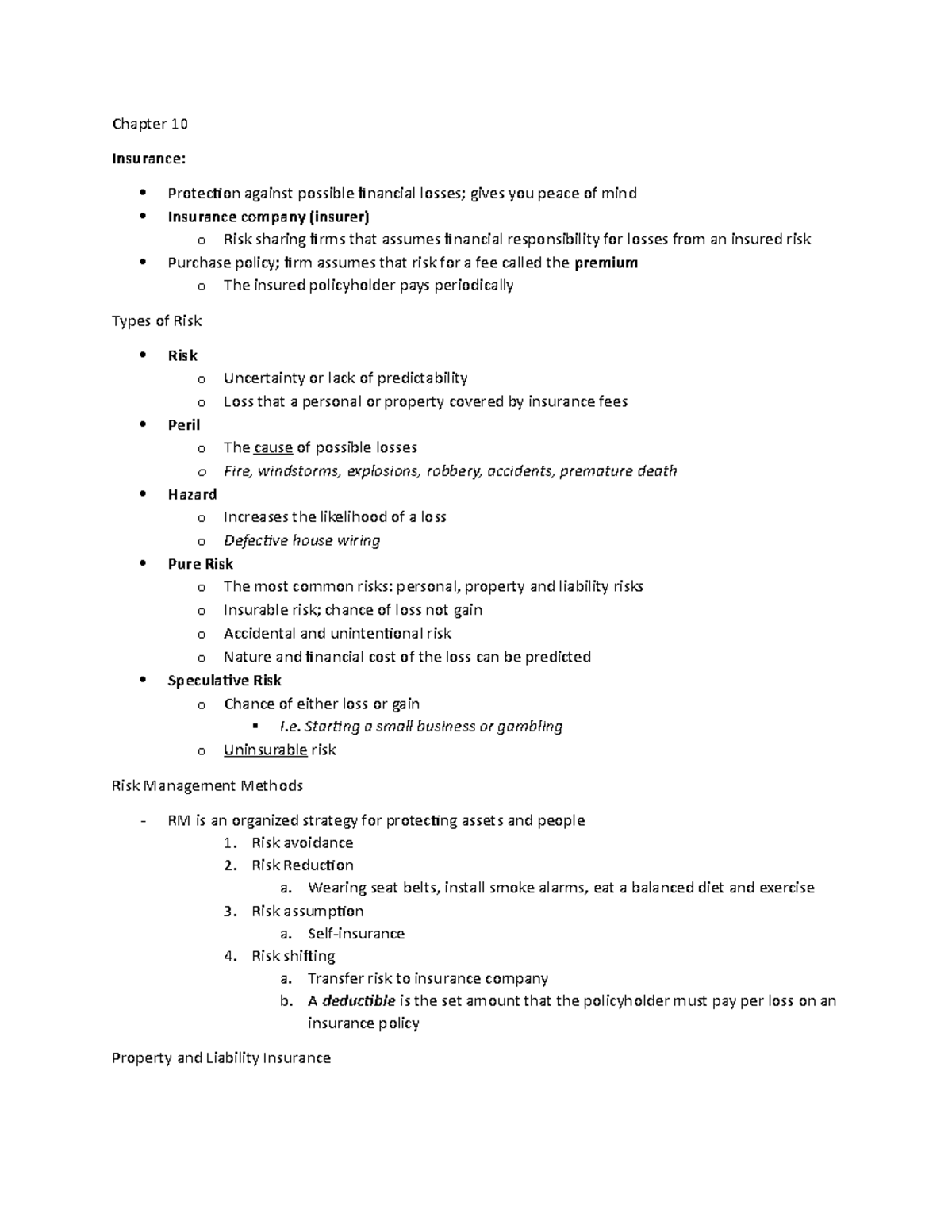 Test 3 Notes - Chapter 10 Insurance: Protection against possible ...