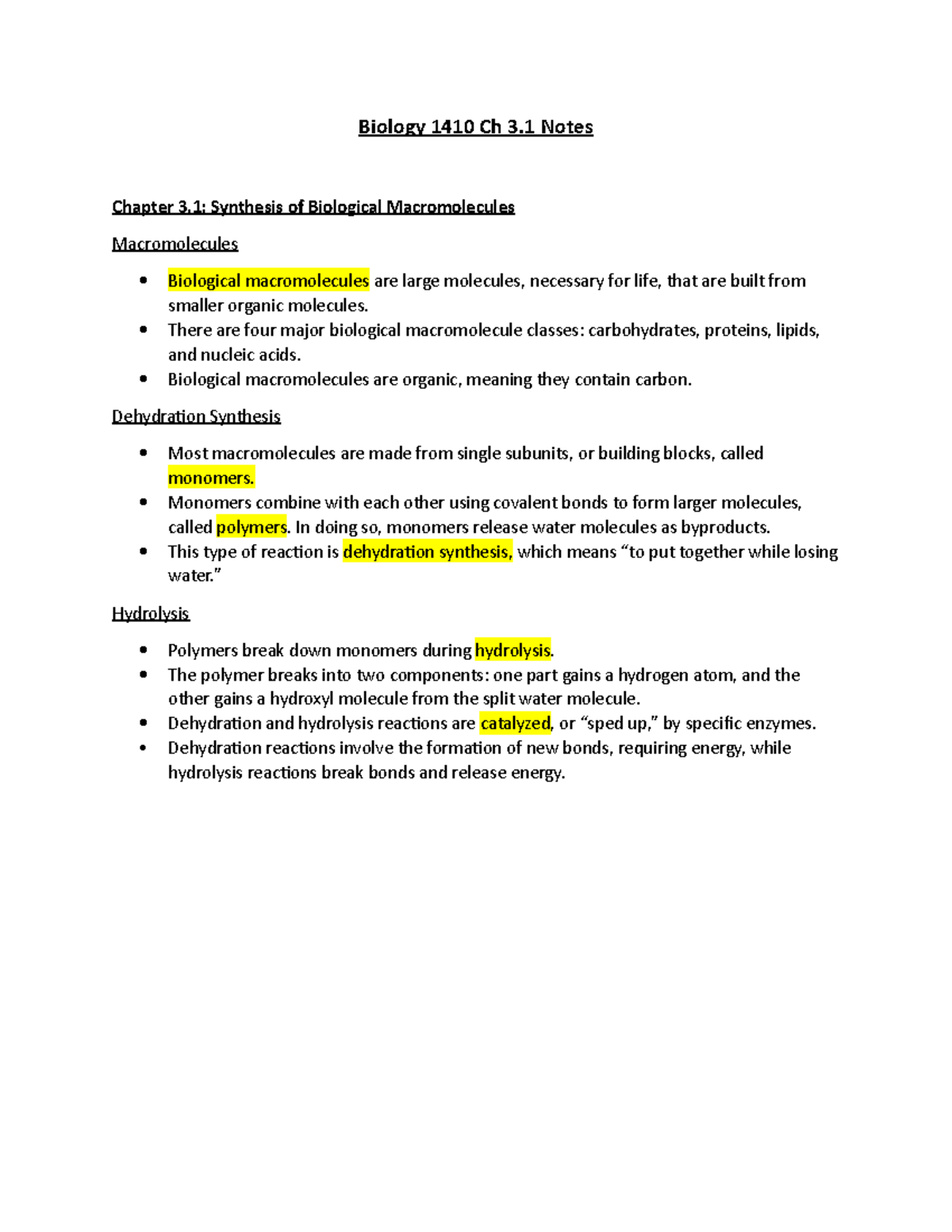 Ch 3.1 Bio Notes - Biology 1410 Ch 3 Notes Chapter 3: Synthesis of ...