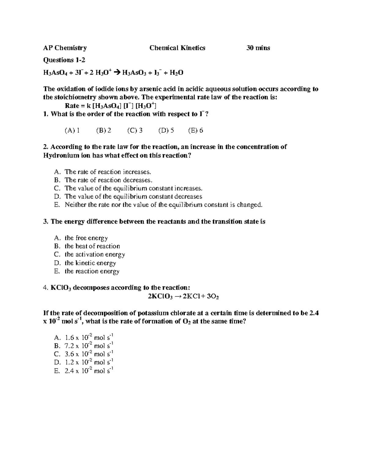 MCQ chemical kinetics 25 problems 30 mins - AP Chemistry Chemical ...