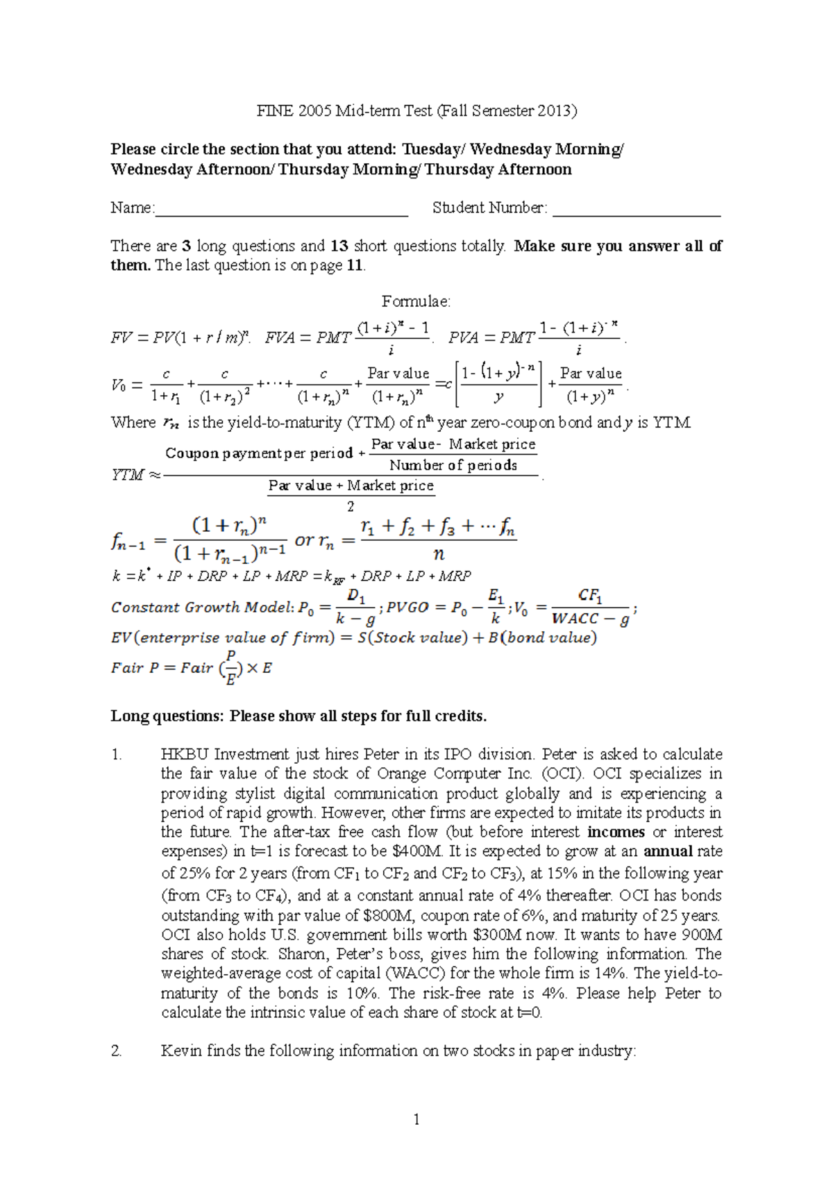 MidTerm Fall 2016, questions and answers - FINE 2005 Mid-term Test ...